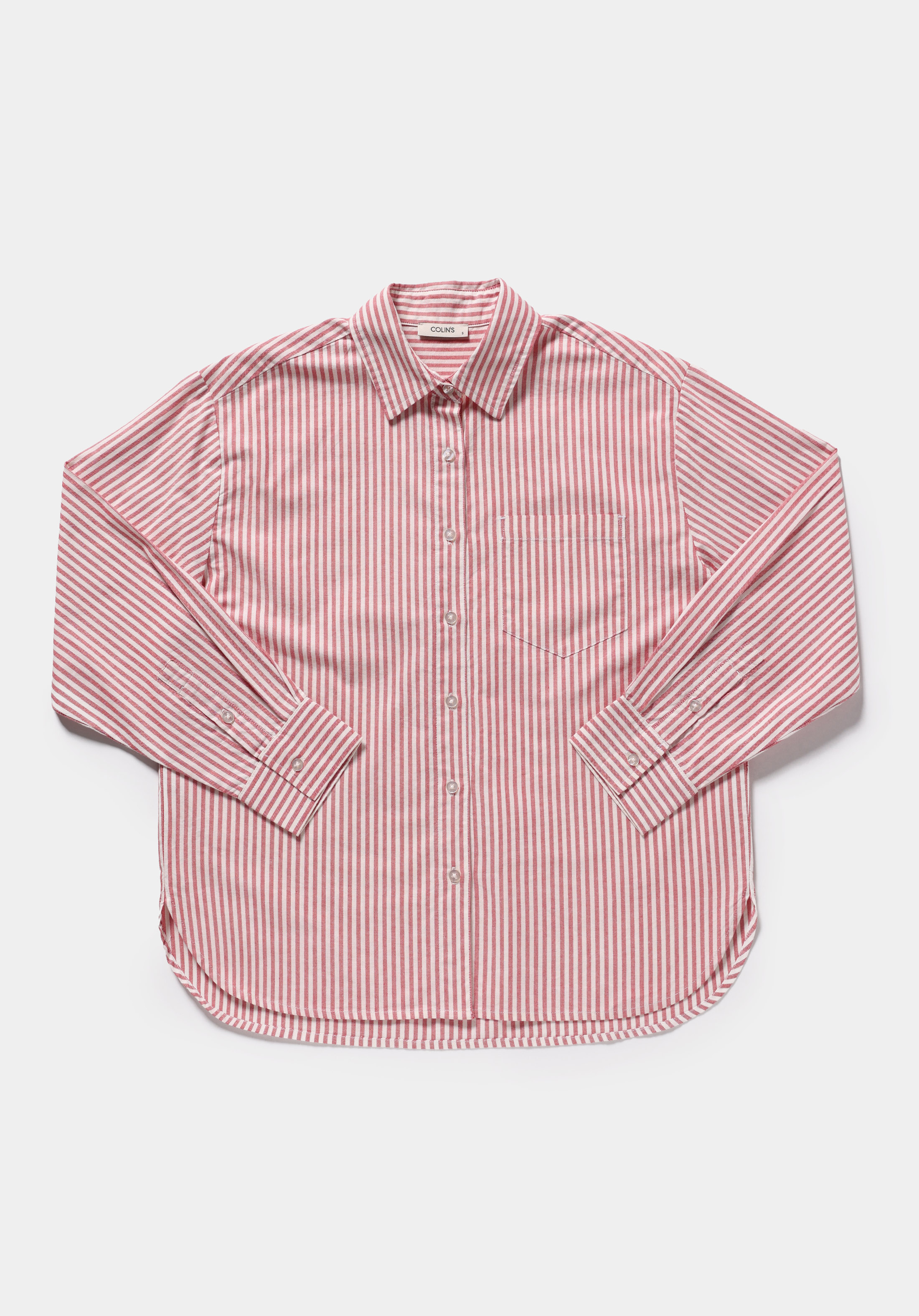 Boyfriend Fit Shirt Neck Çizgili Kadın Kirmizi Uzun Kol Gömlek
