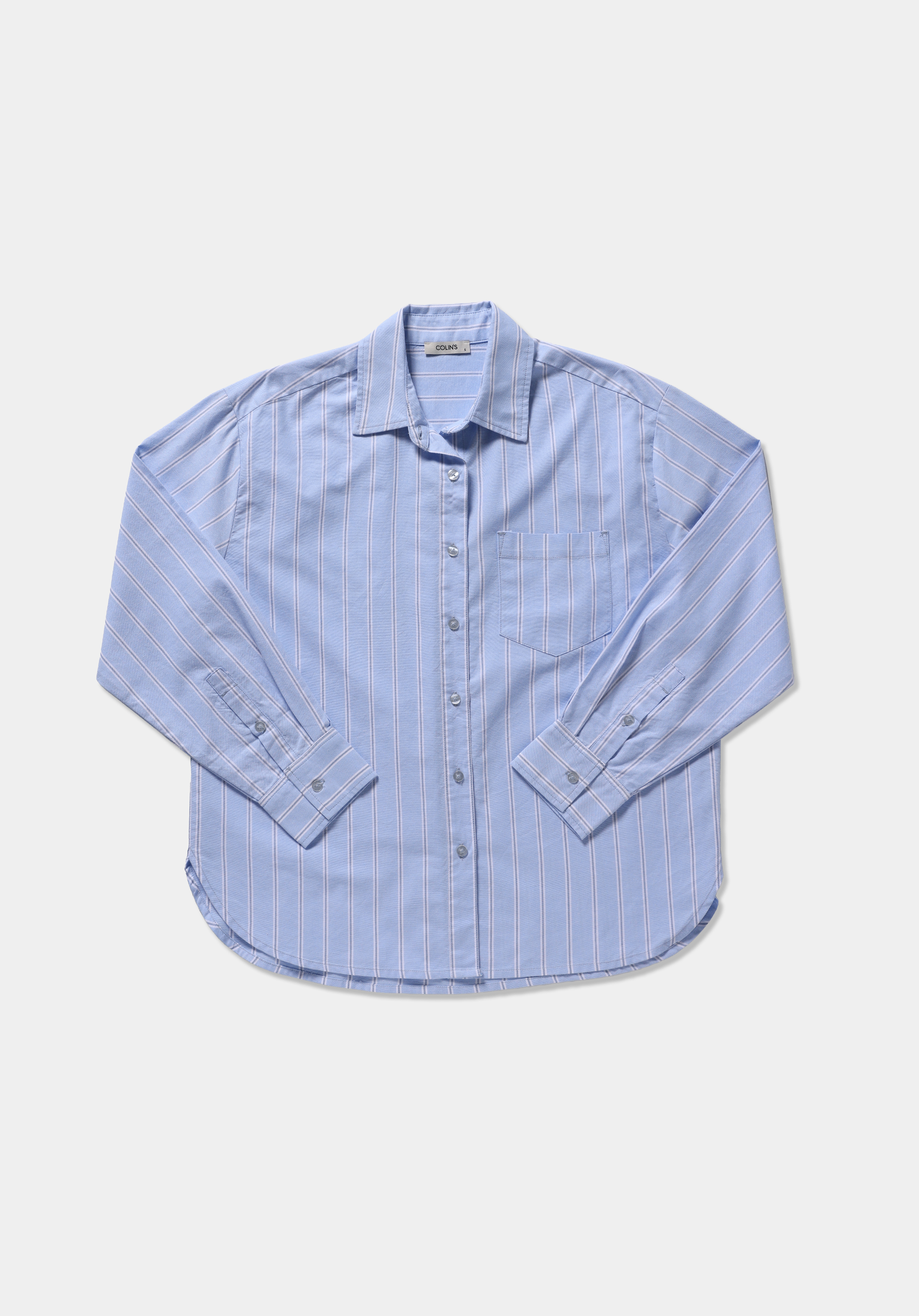 Boyfriend Fit Shirt Neck Çizgili Kadın Mavi Uzun Kol Gömlek