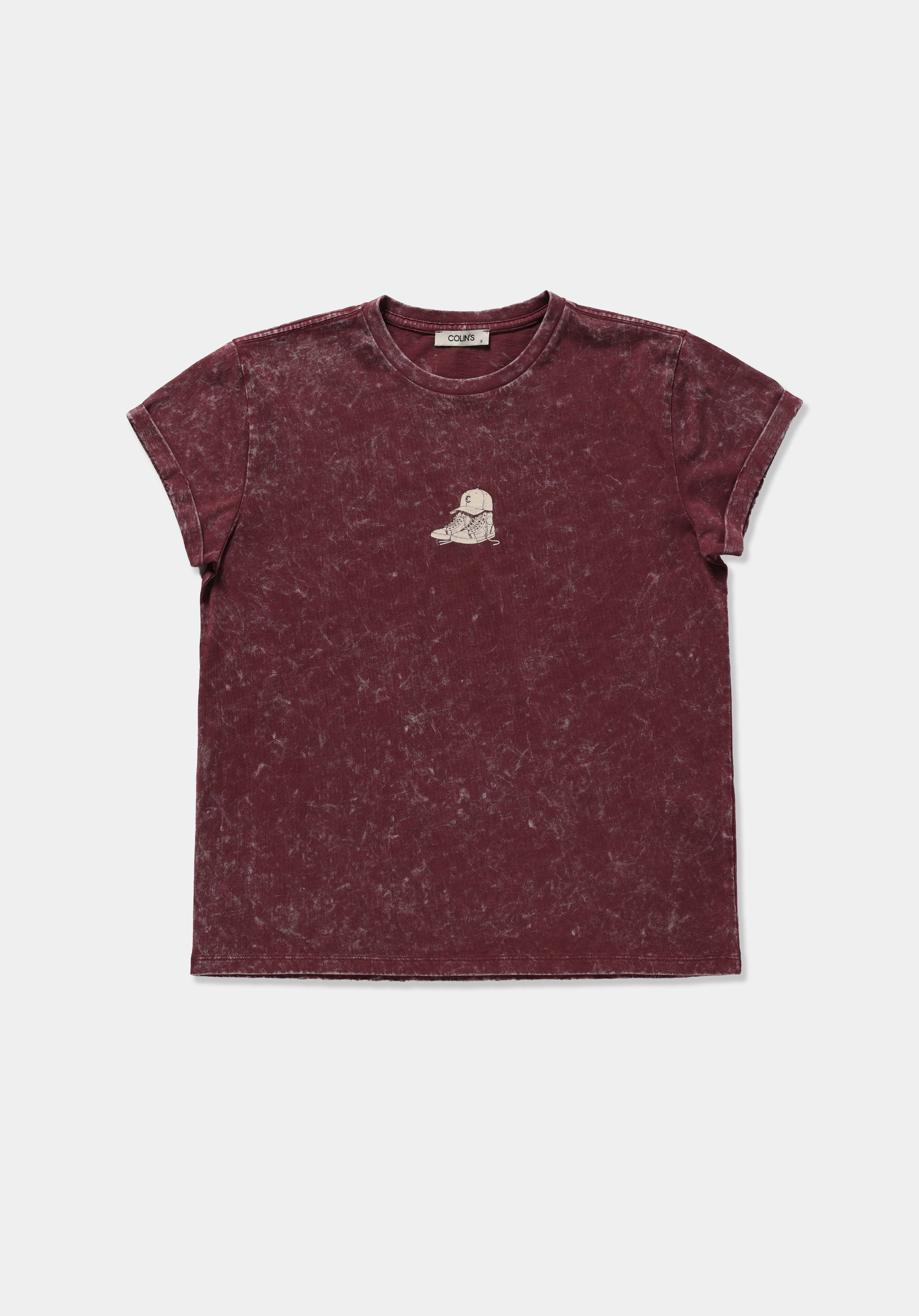 Slim Fit Yuvarlak Yaka Baskılı Kadın Bordo Kısa Kol Tişört