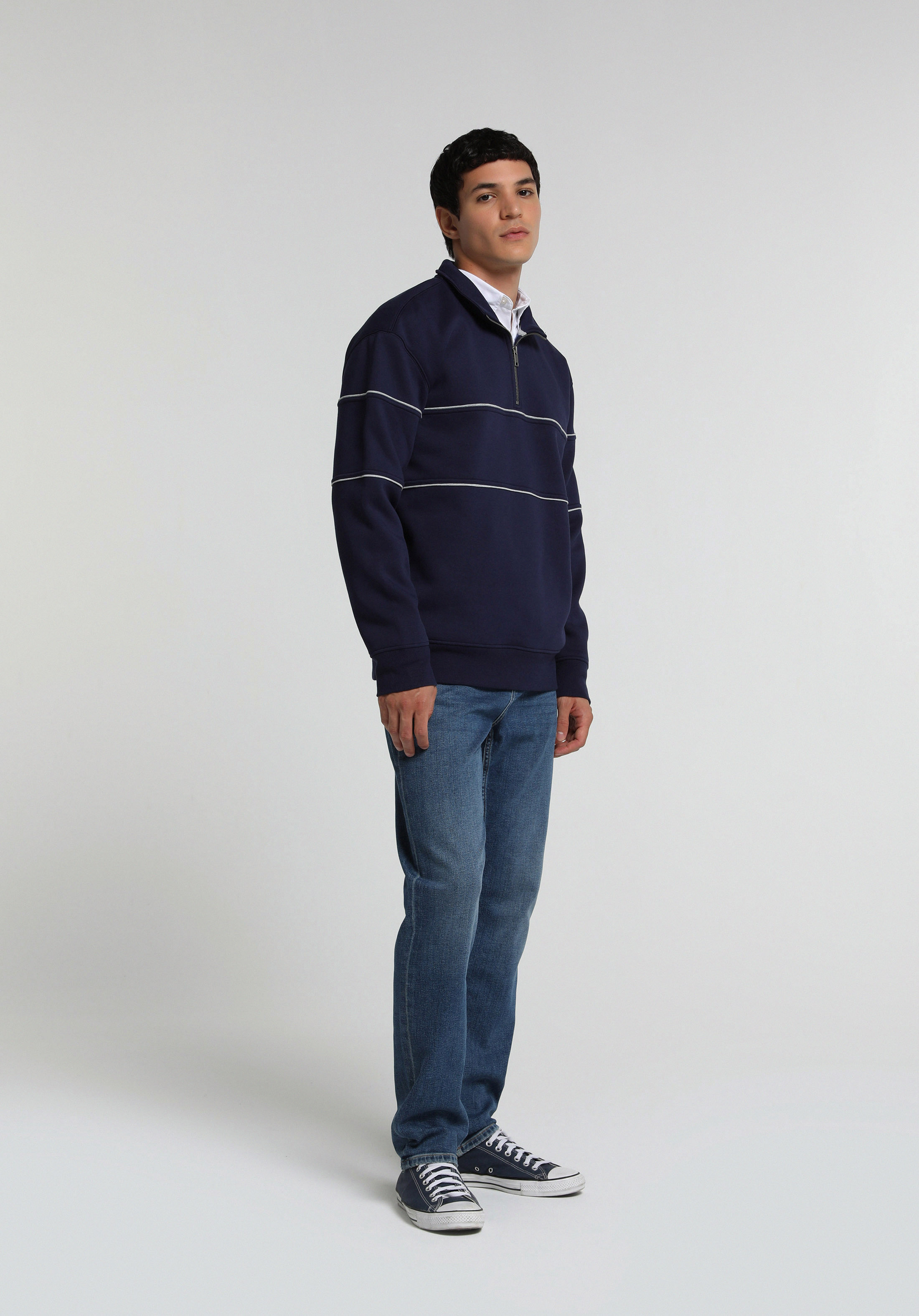 Relaxed Fit Dik Yaka Düz Erkek Lacivert Sweatshirt