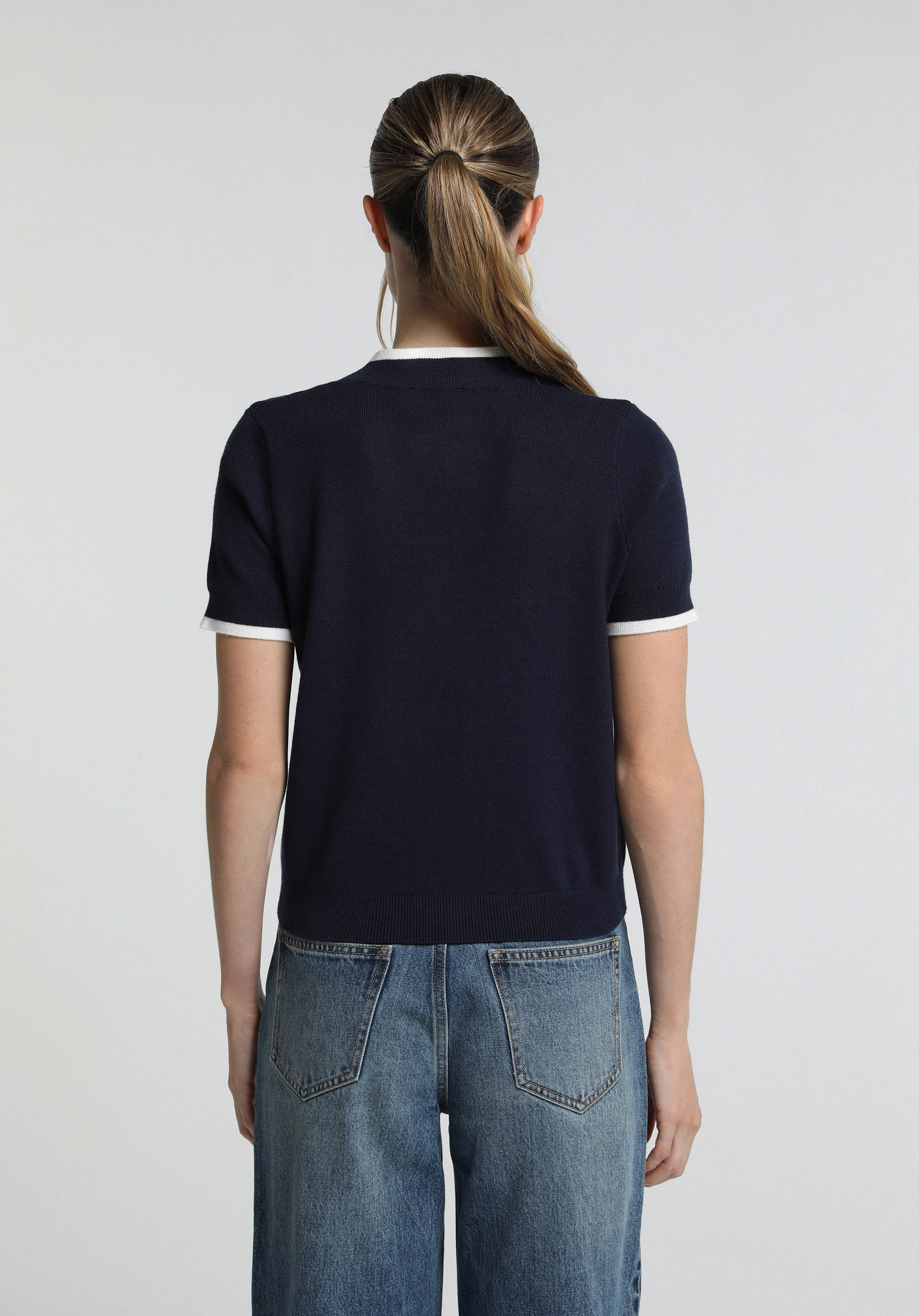 Slim Fit Düğmeli Yaka Düz Kadın Lacivert Kısa Kol Kazak