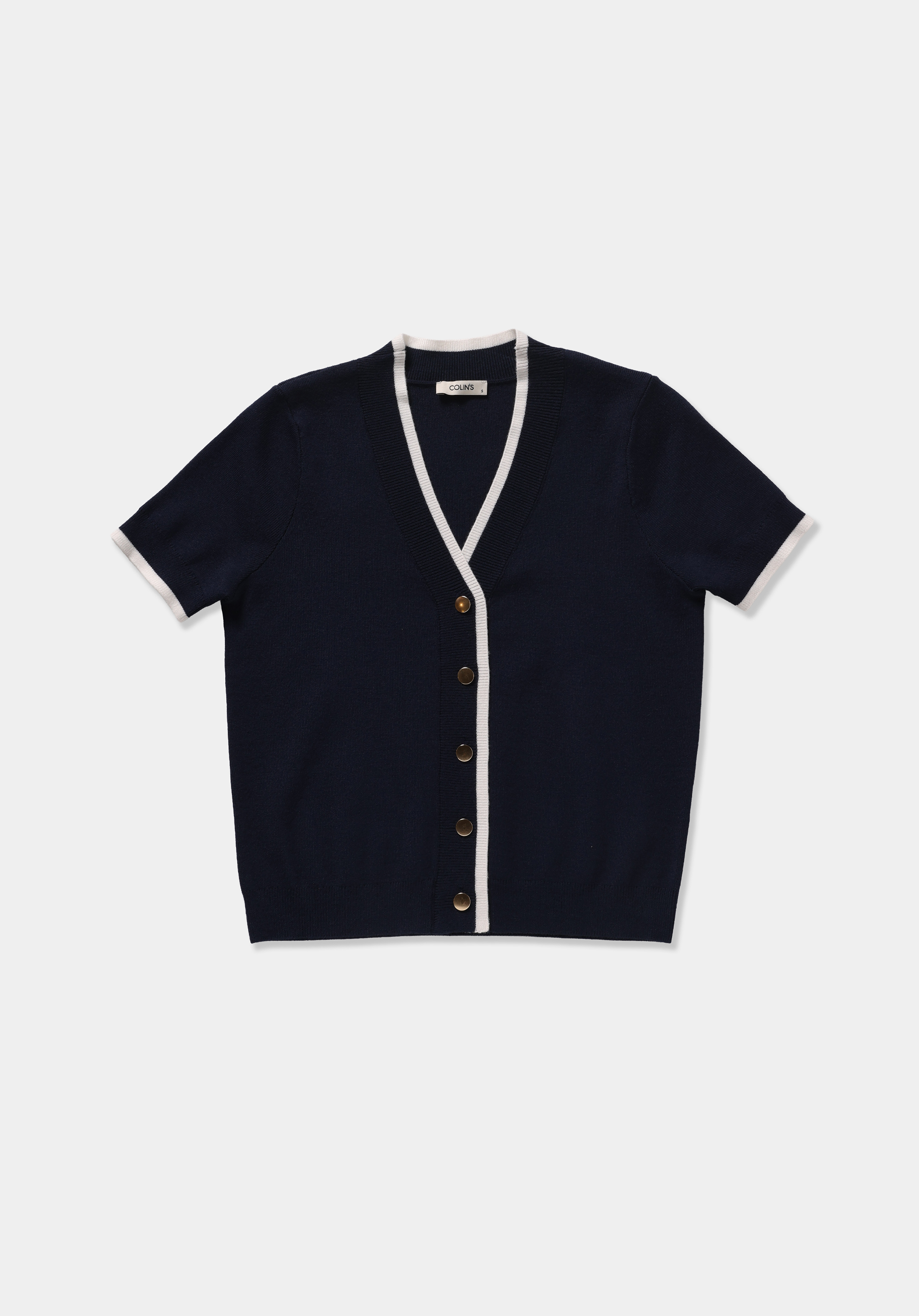 Slim Fit Düğmeli Yaka Düz Kadın Lacivert Kısa Kol Kazak