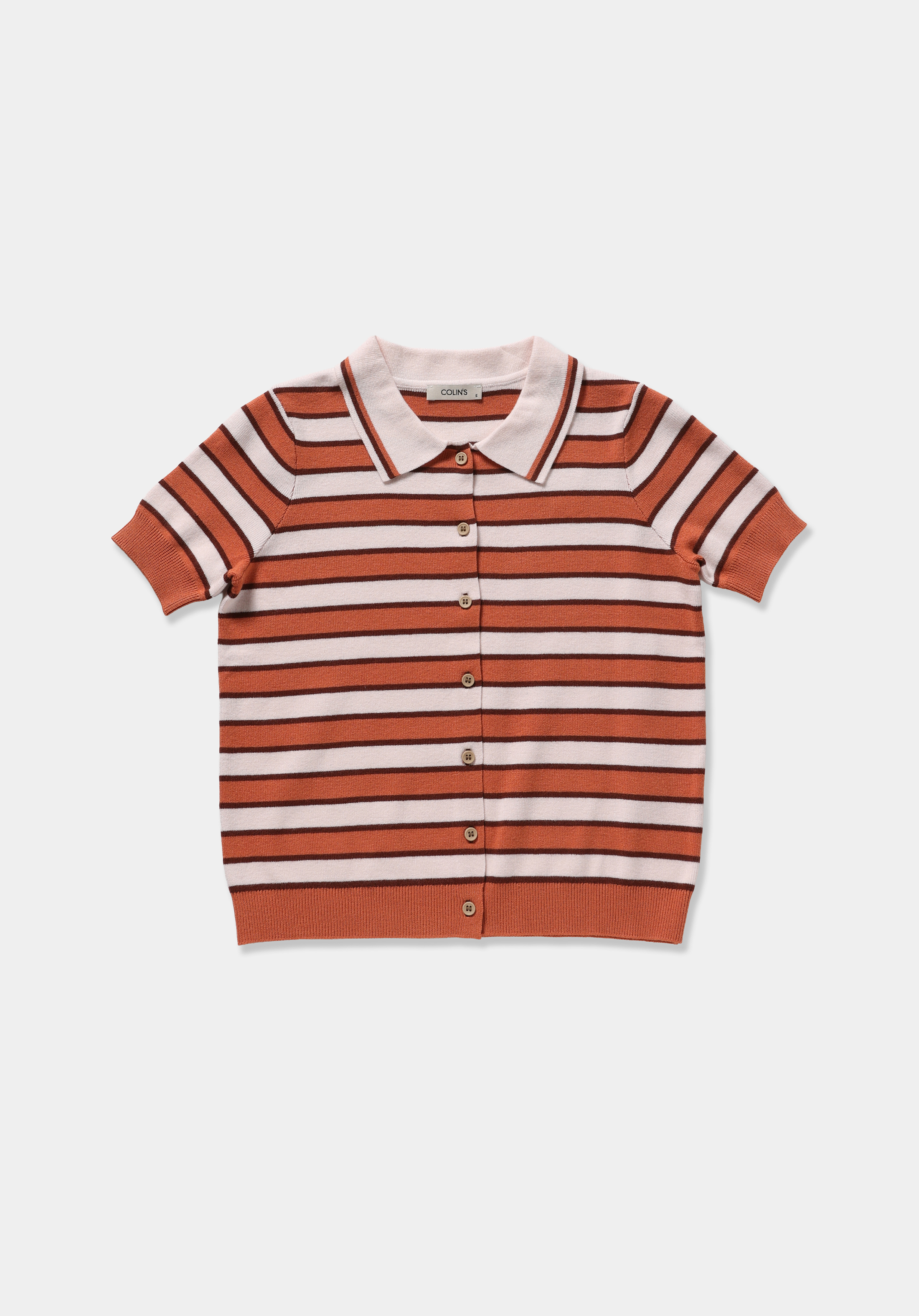 Regular Fit Polo Yaka Çizgili Kadın Çok Renkli Kısa Kol Kazak