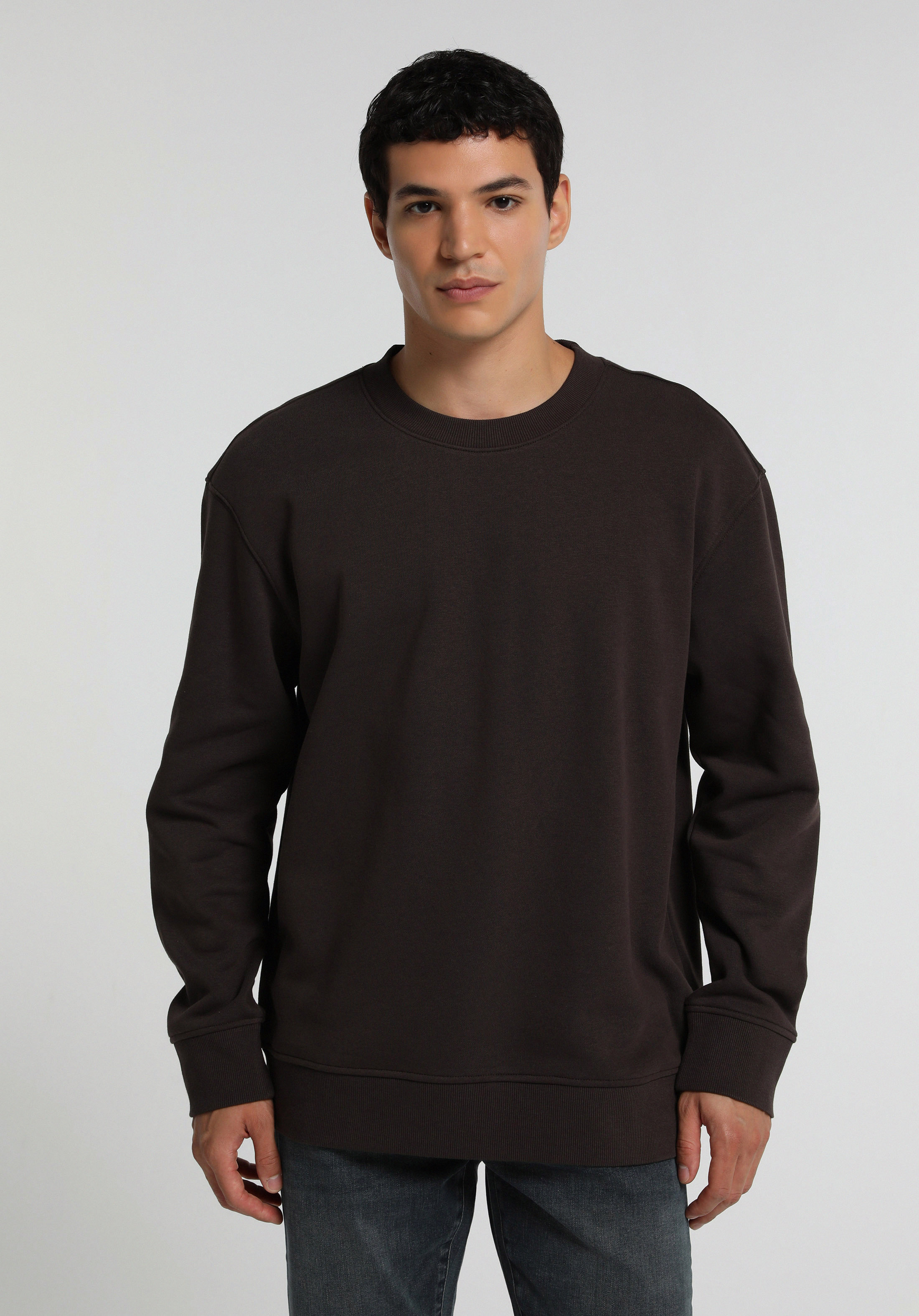 Relaxed Fit Yuvarlak Yaka Düz Erkek Kahverengi Sweatshirt