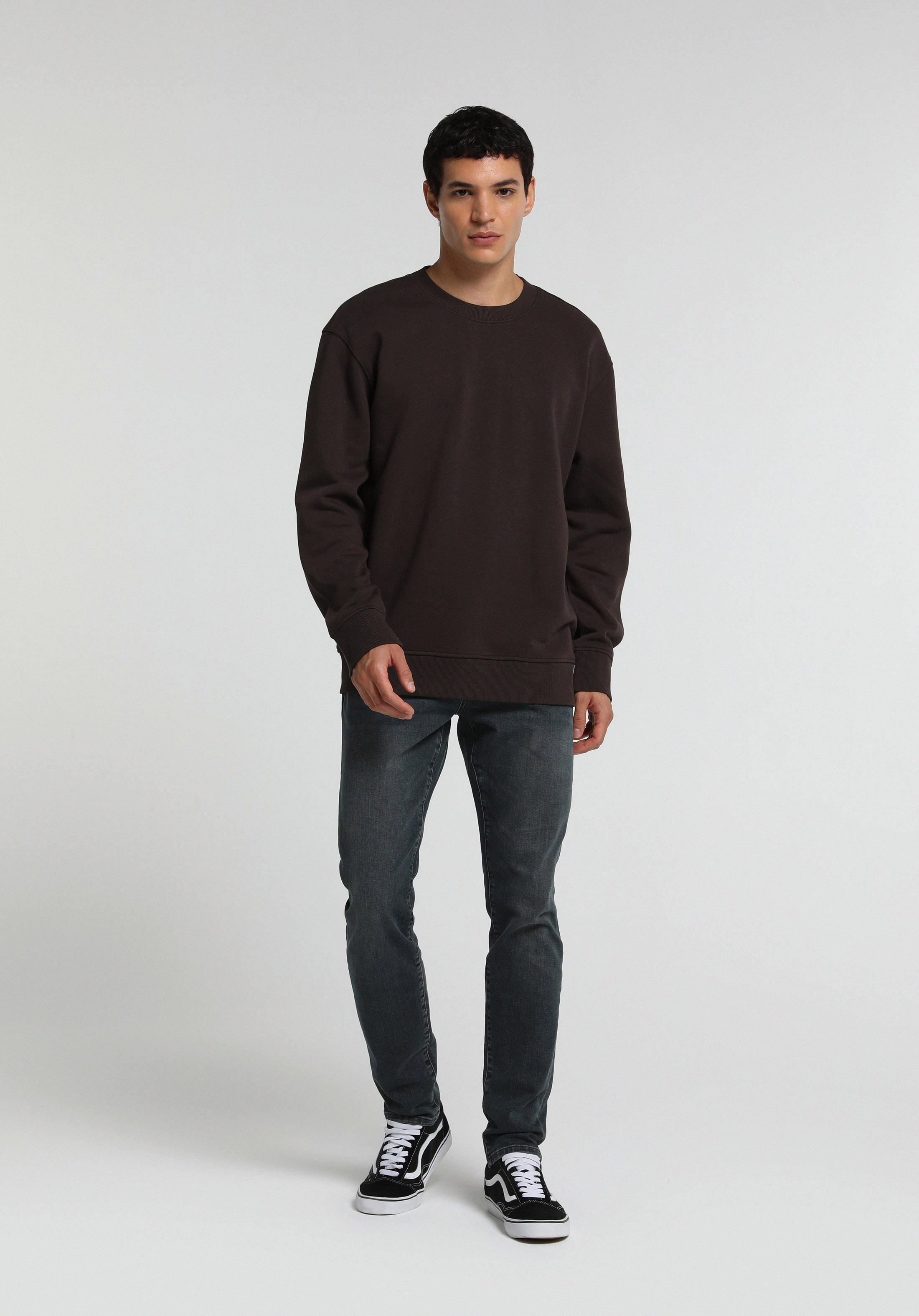Relaxed Fit Yuvarlak Yaka Düz Erkek Kahverengi Sweatshirt