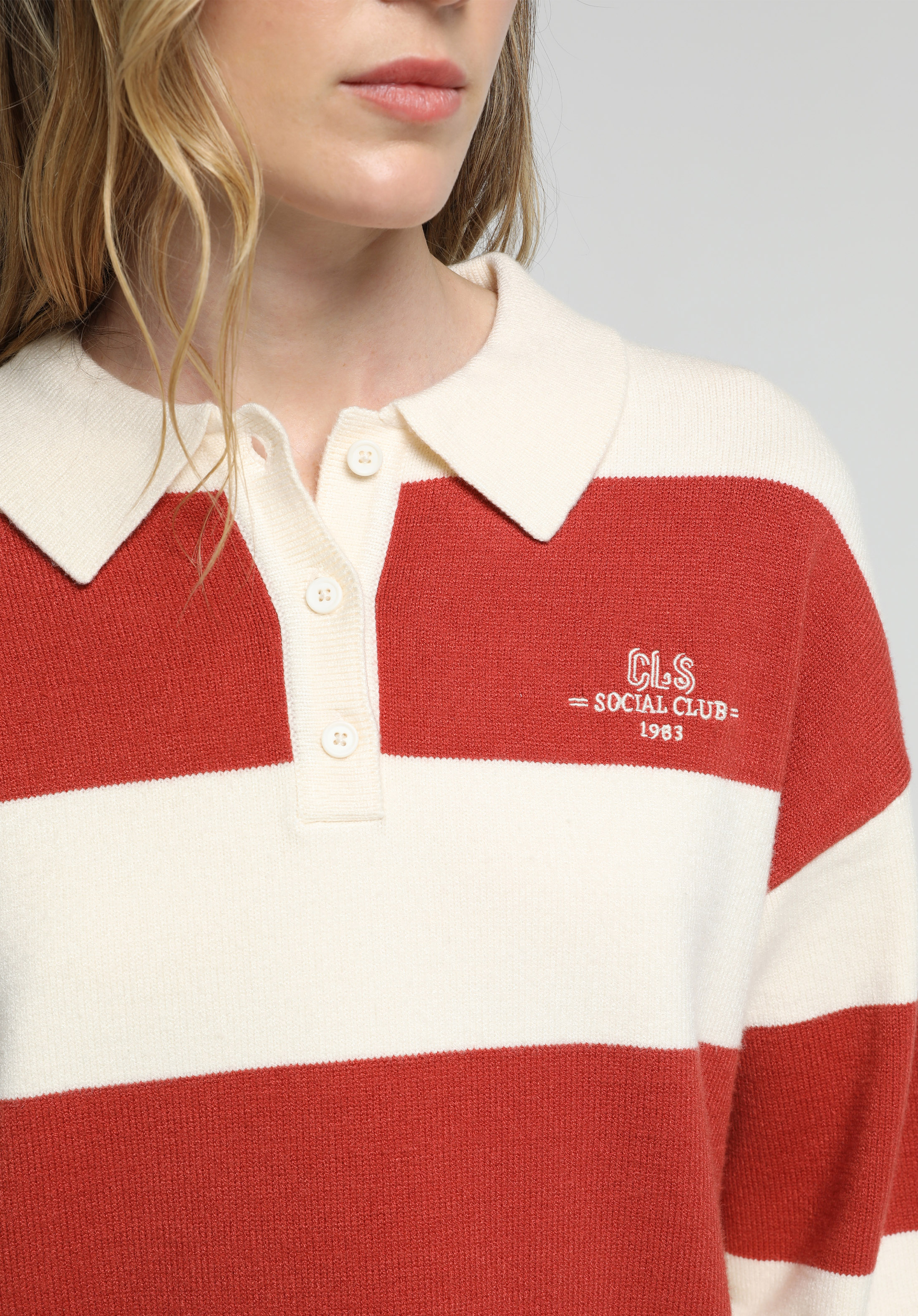 Regular Fit Polo Yaka Çizgili Kadın Turuncu Kazak