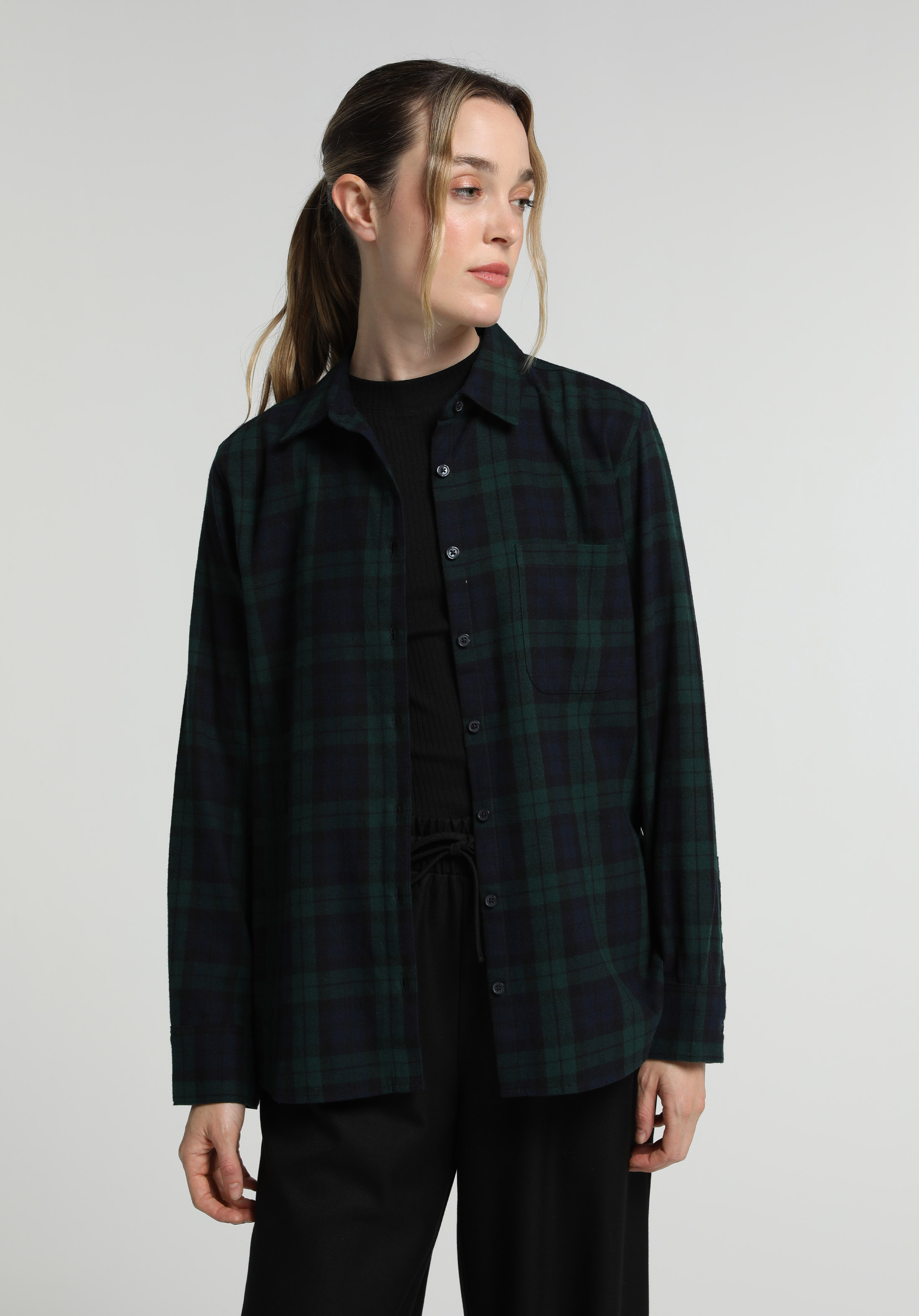 Regular Fit Shirt Neck Ekoseli Kadın Yeşil Uzun Kol Gömlek