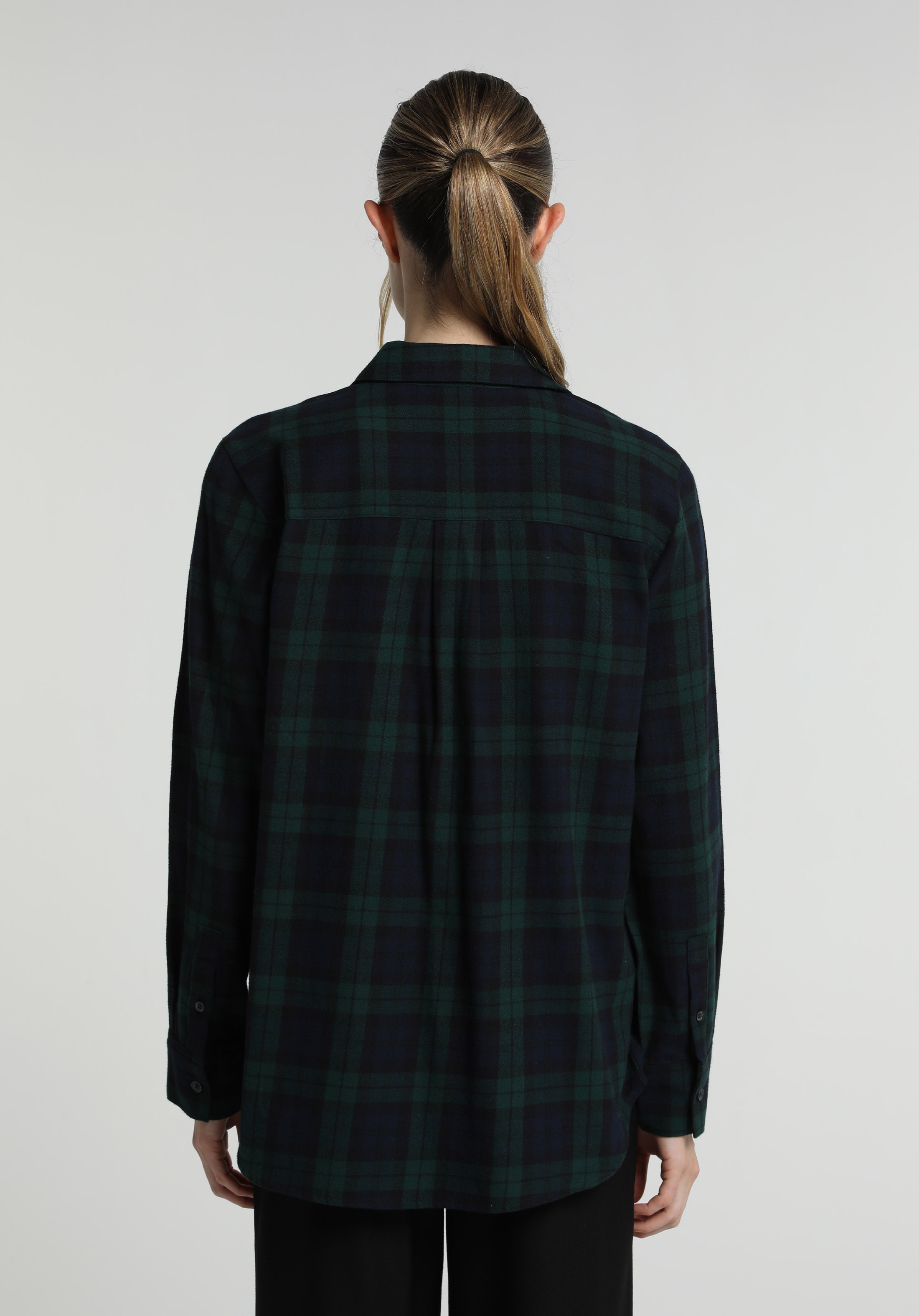 Regular Fit Shirt Neck Ekoseli Kadın Yeşil Uzun Kol Gömlek
