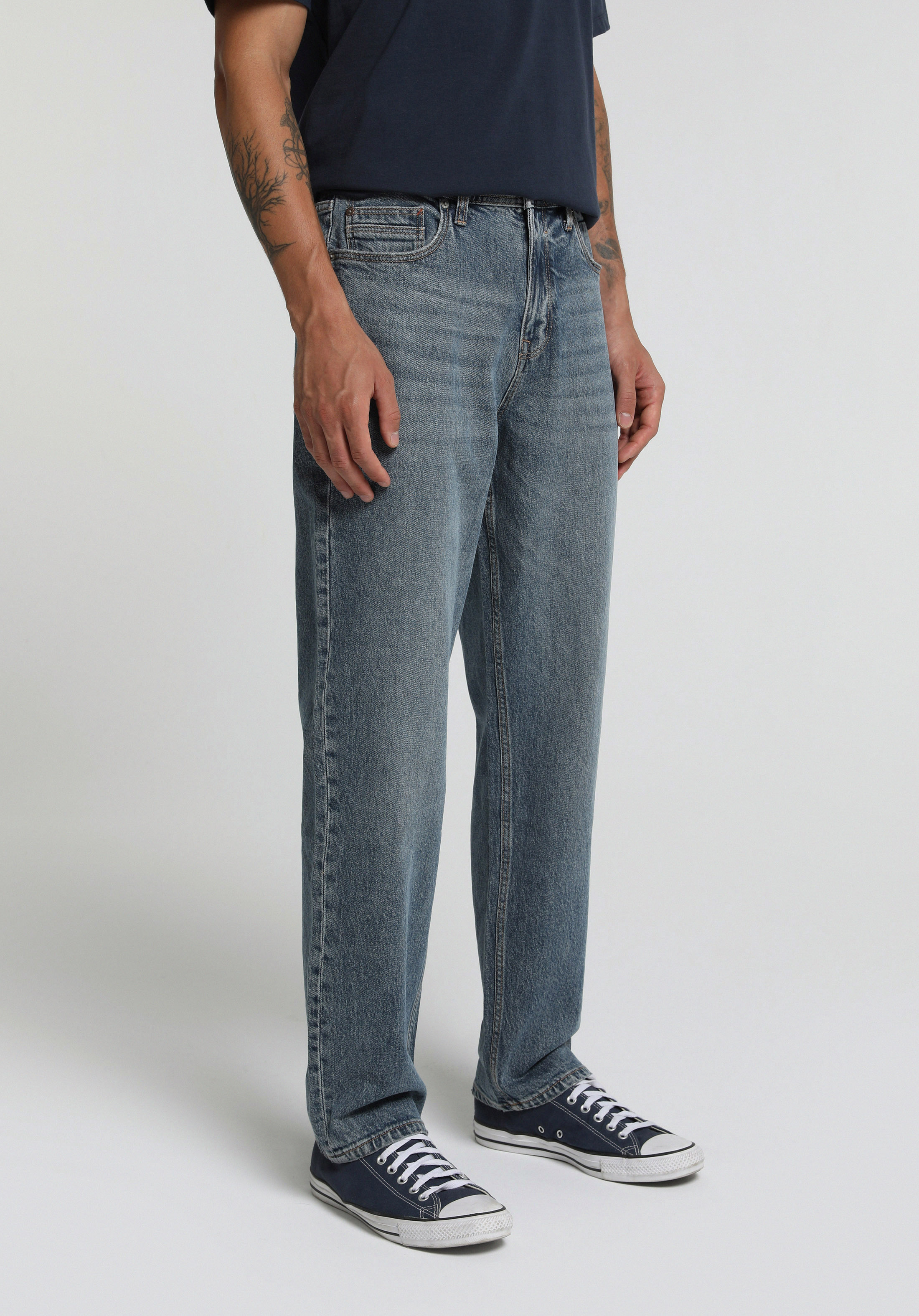 Loose Straight Fit   Erkek Mid İndigo Denim Jean Pantolon