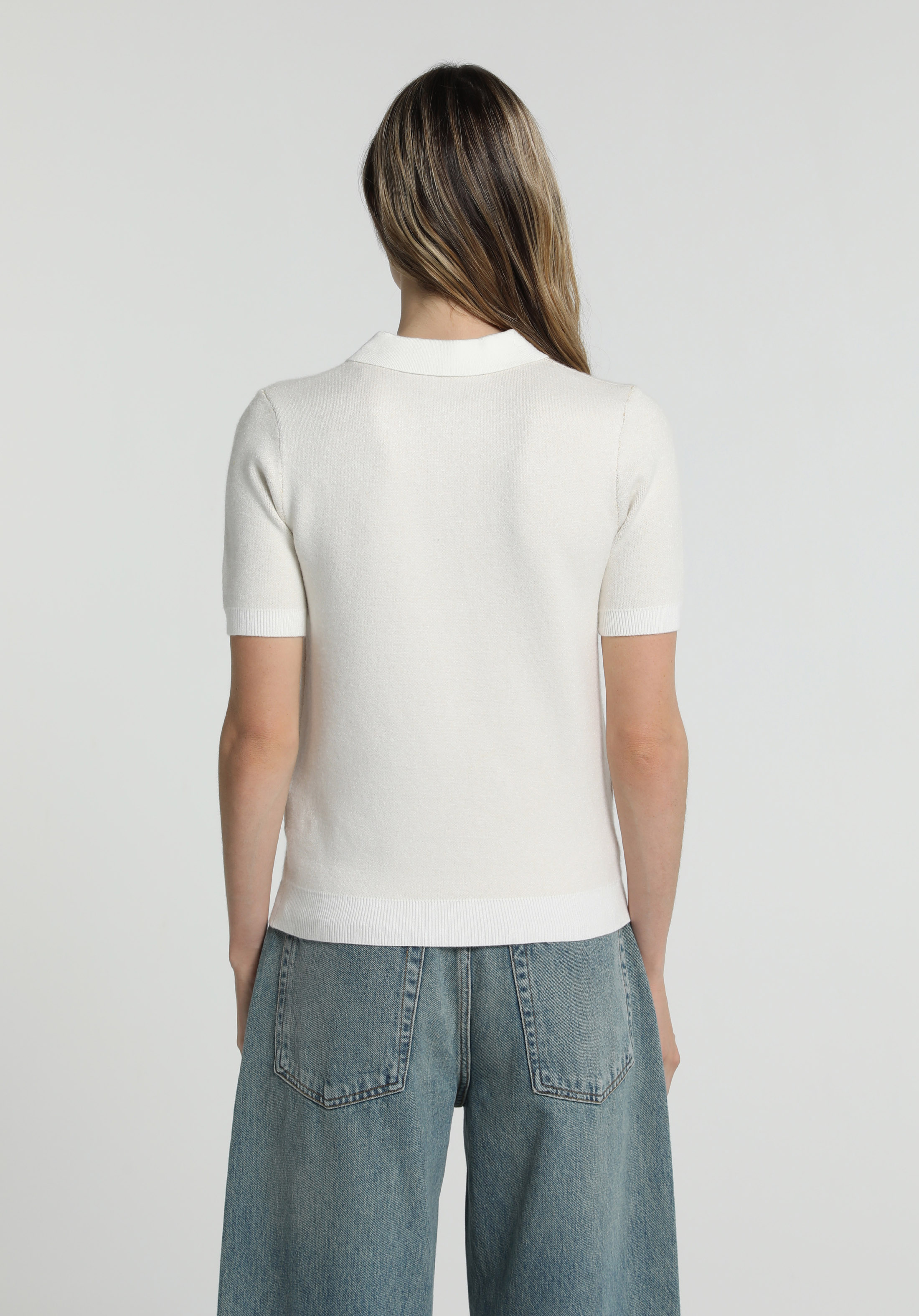 Slim Fit Polo Yaka Jakarlı Kadın Çok Renkli Kısa Kol Kazak