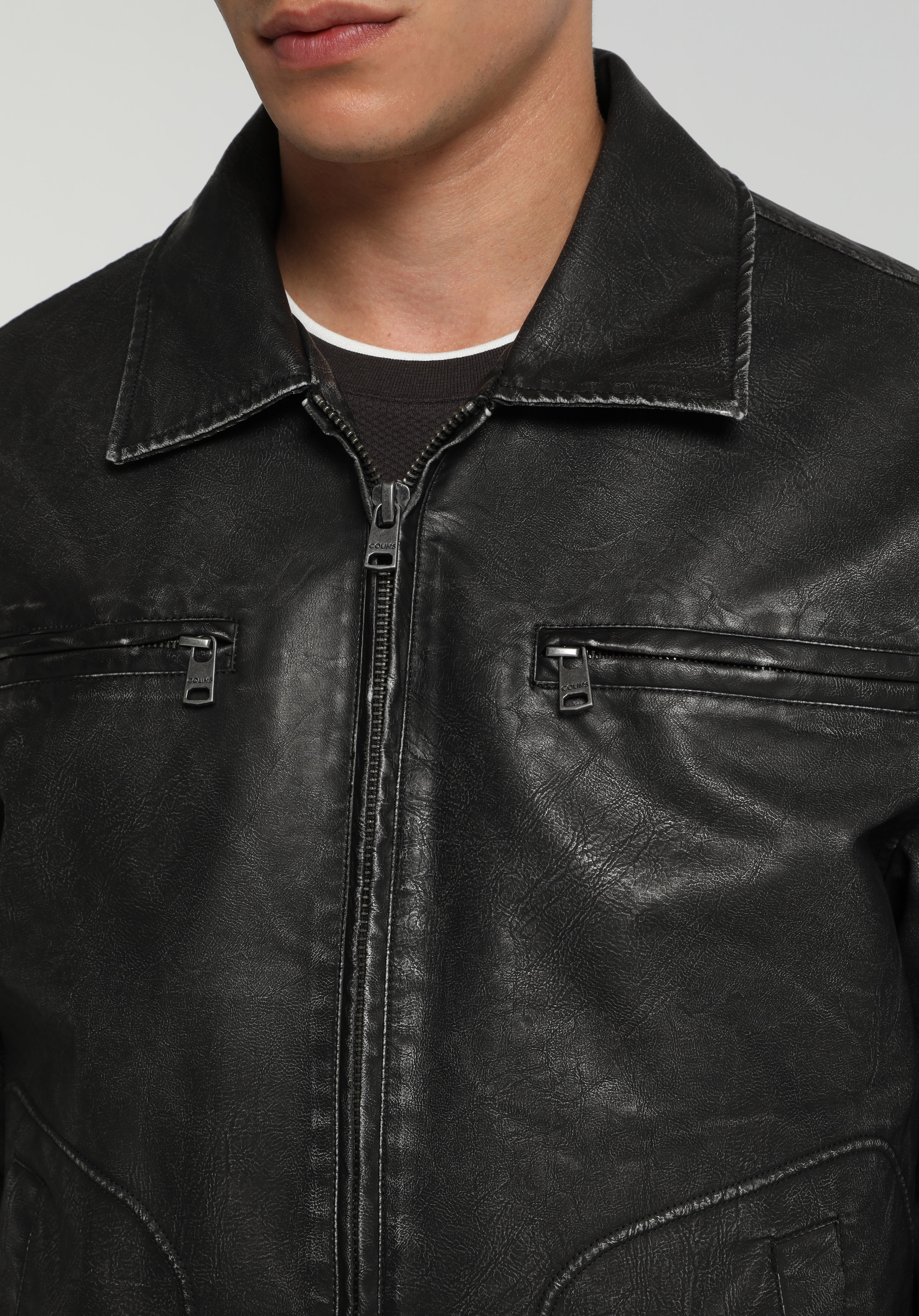 Regular Fit Shirt Neck Fermuarlı Astarlı  Erkek Siyah Mont Pu