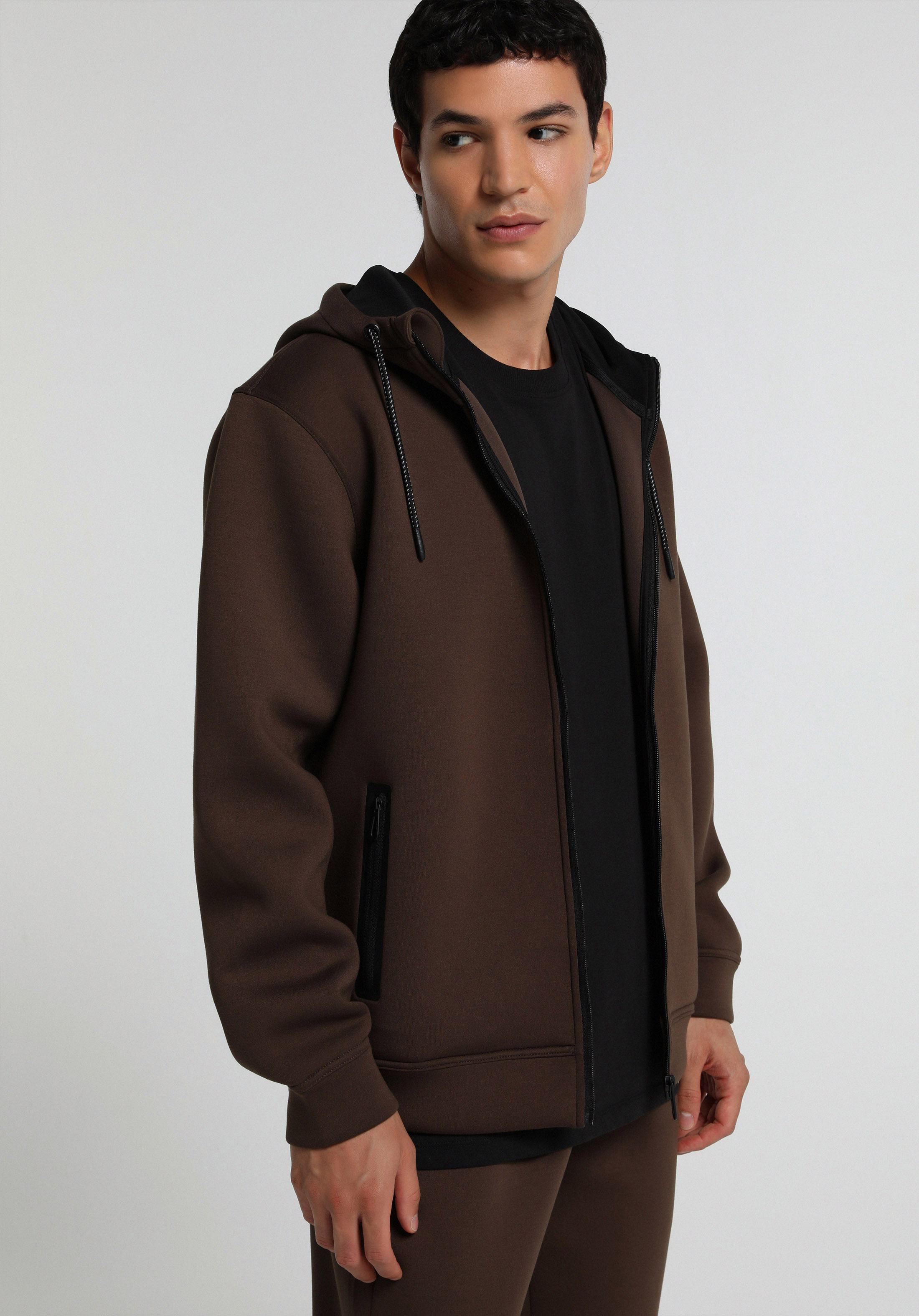Regular Fit Kapüşonlu Düz Erkek Kahverengi Sweatshirt
