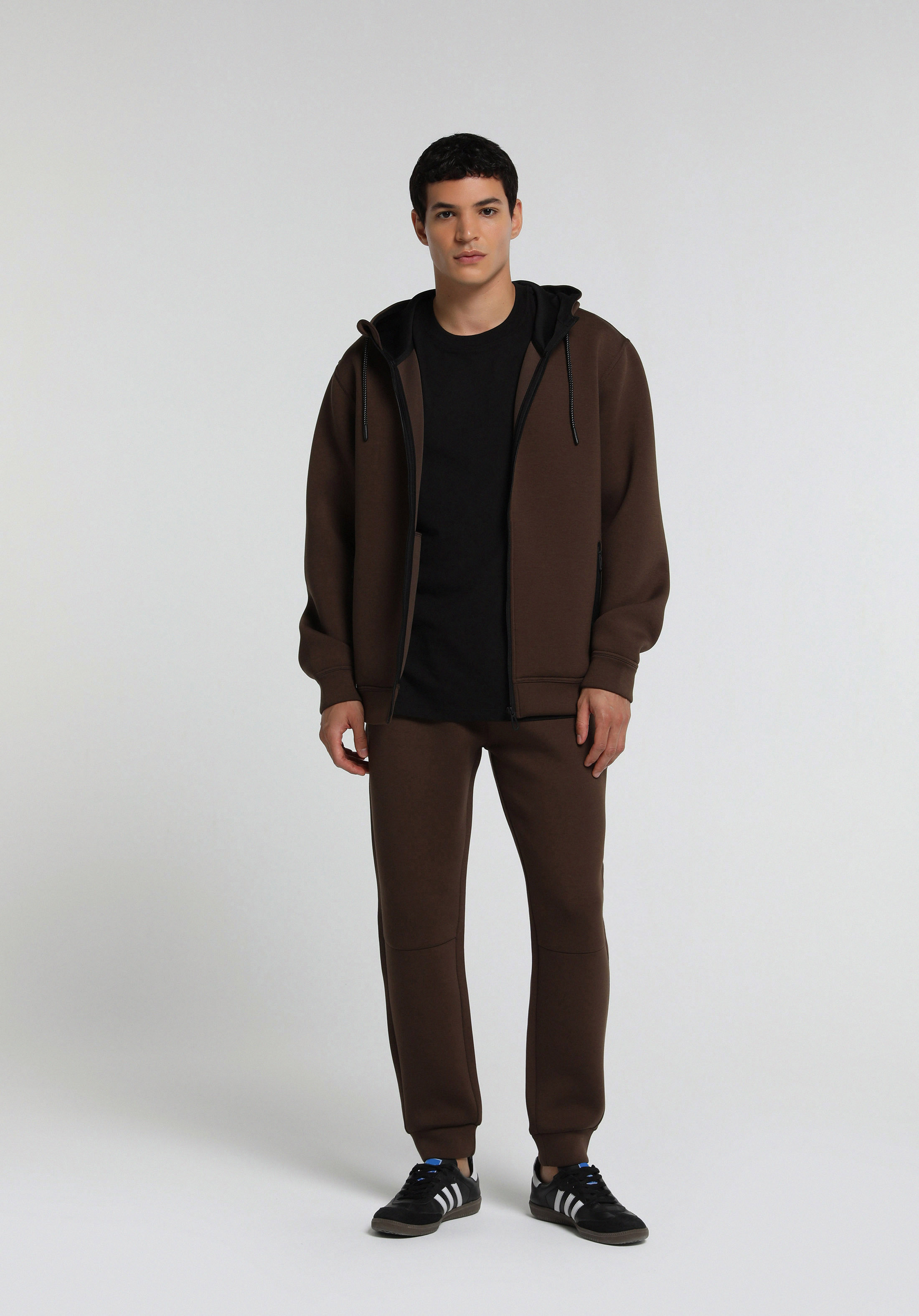 Regular Fit Kapüşonlu Düz Erkek Kahverengi Sweatshirt