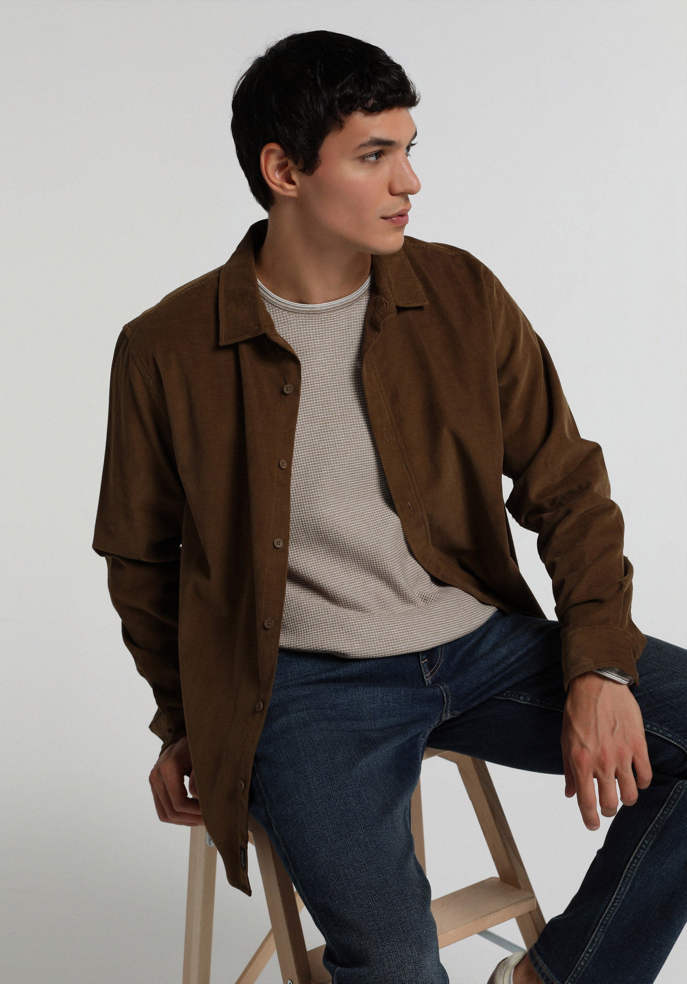 Regular Fit Shirt Neck Düz Erkek Kahverengi Uzun Kol Gömlek