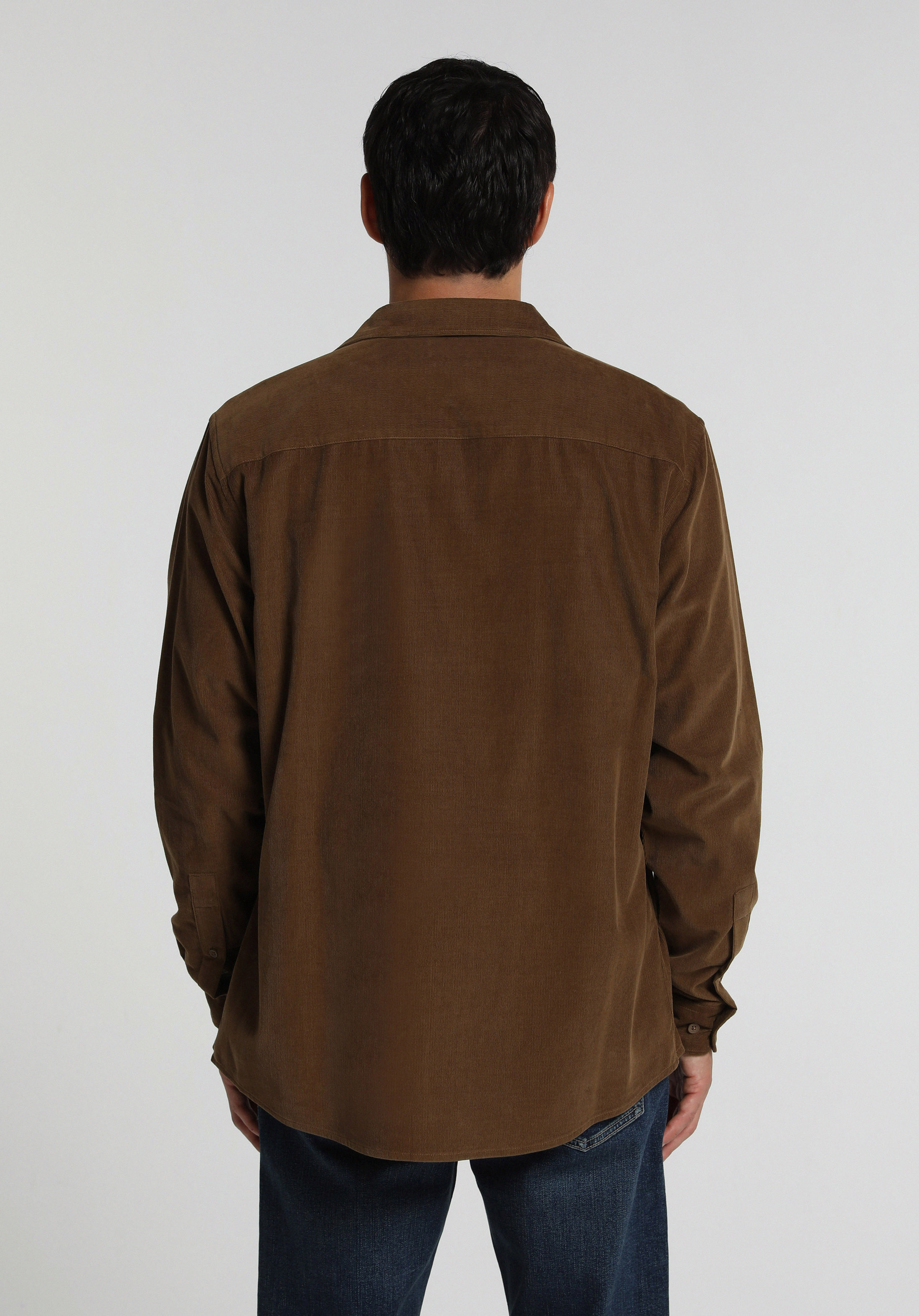 Regular Fit Shirt Neck Düz Erkek Kahverengi Uzun Kol Gömlek
