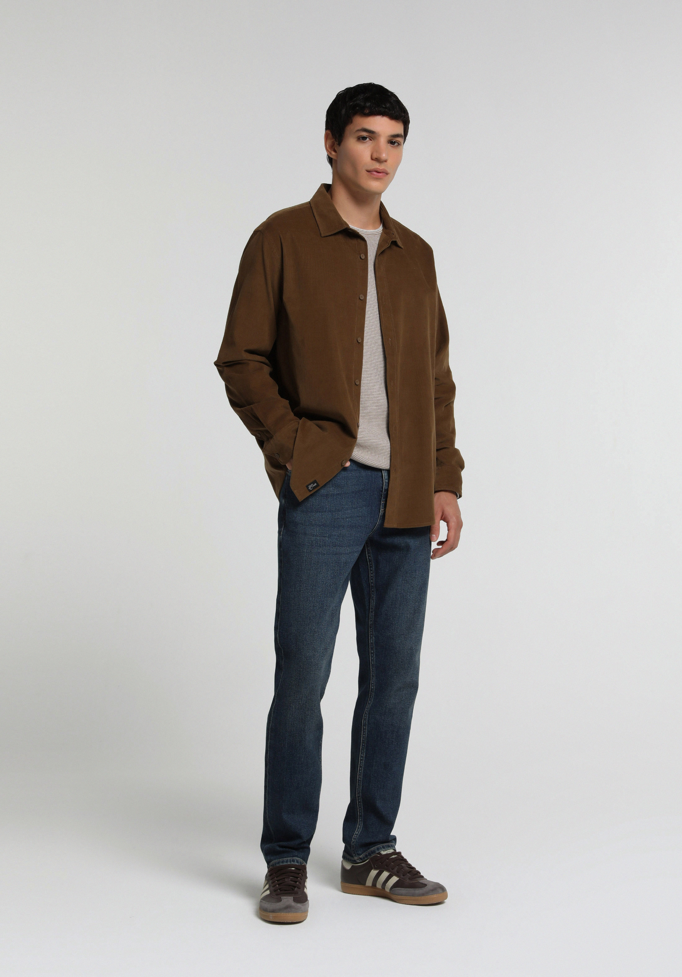 Regular Fit Shirt Neck Düz Erkek Kahverengi Uzun Kol Gömlek