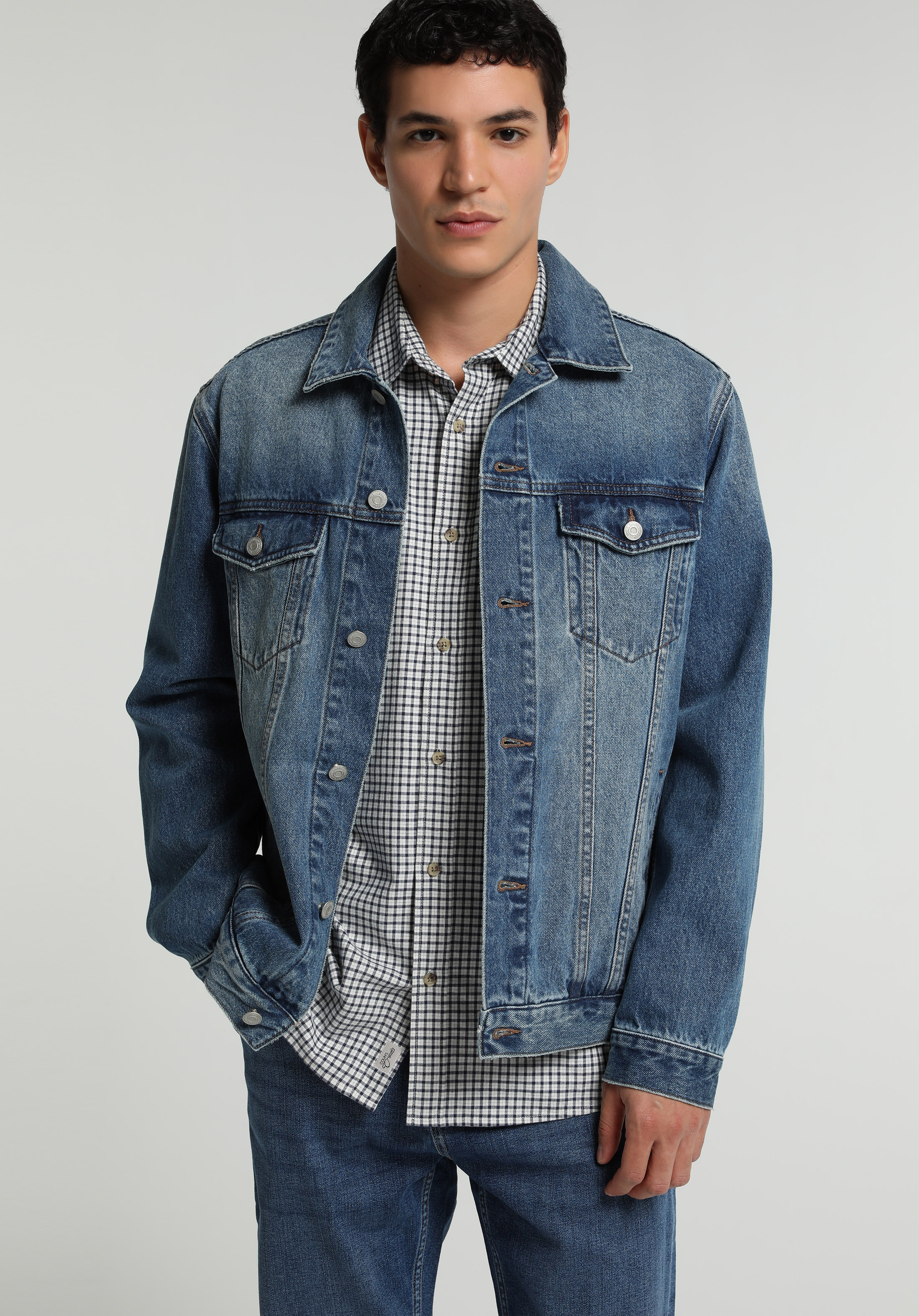 Regular Fit Düğmeli Astarsız  Erkek Mid İndigo Denim Ceket
