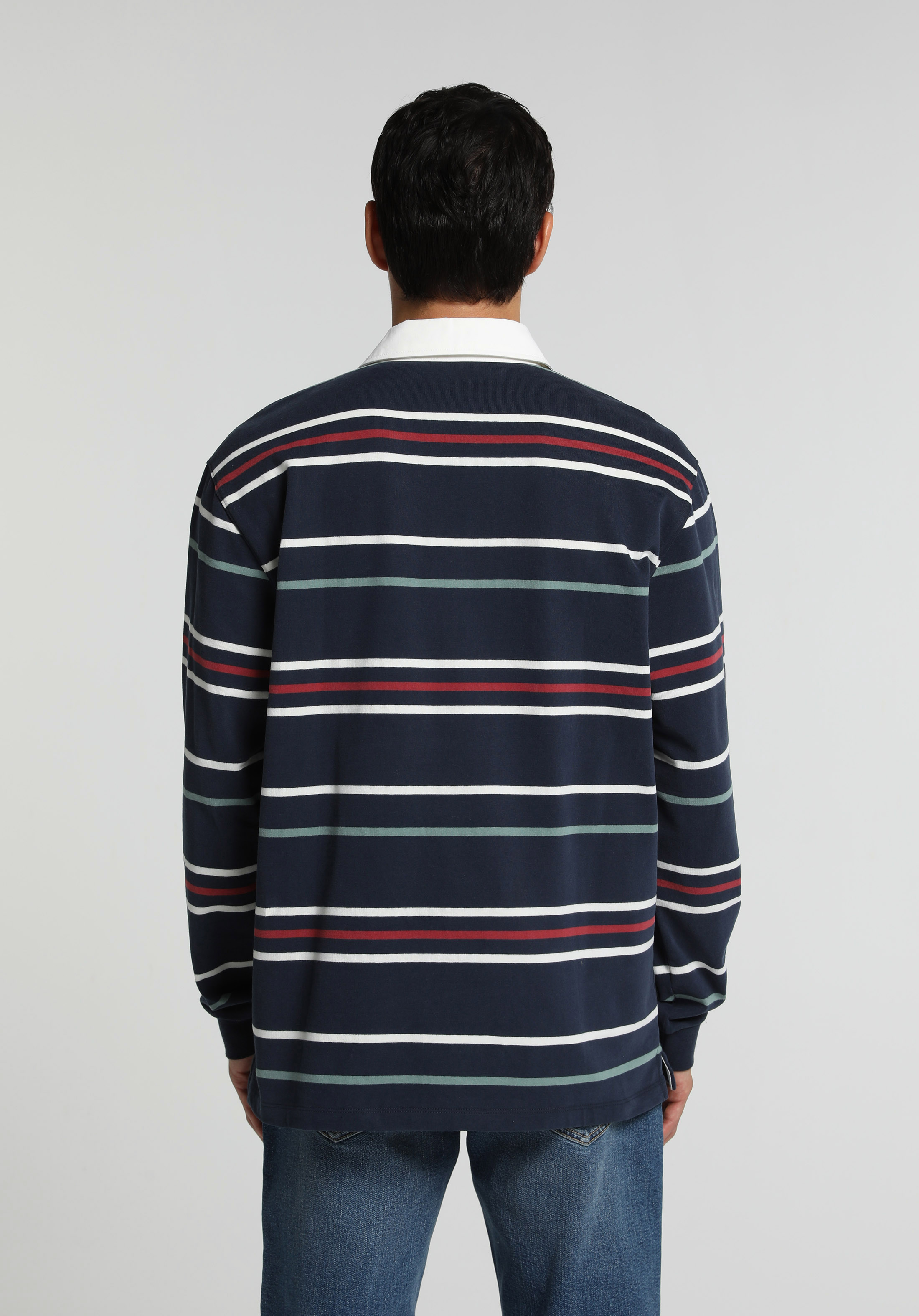 Relaxed Fit Polo Yaka Çizgili Erkek Lacivert Uzun Kol Tişört