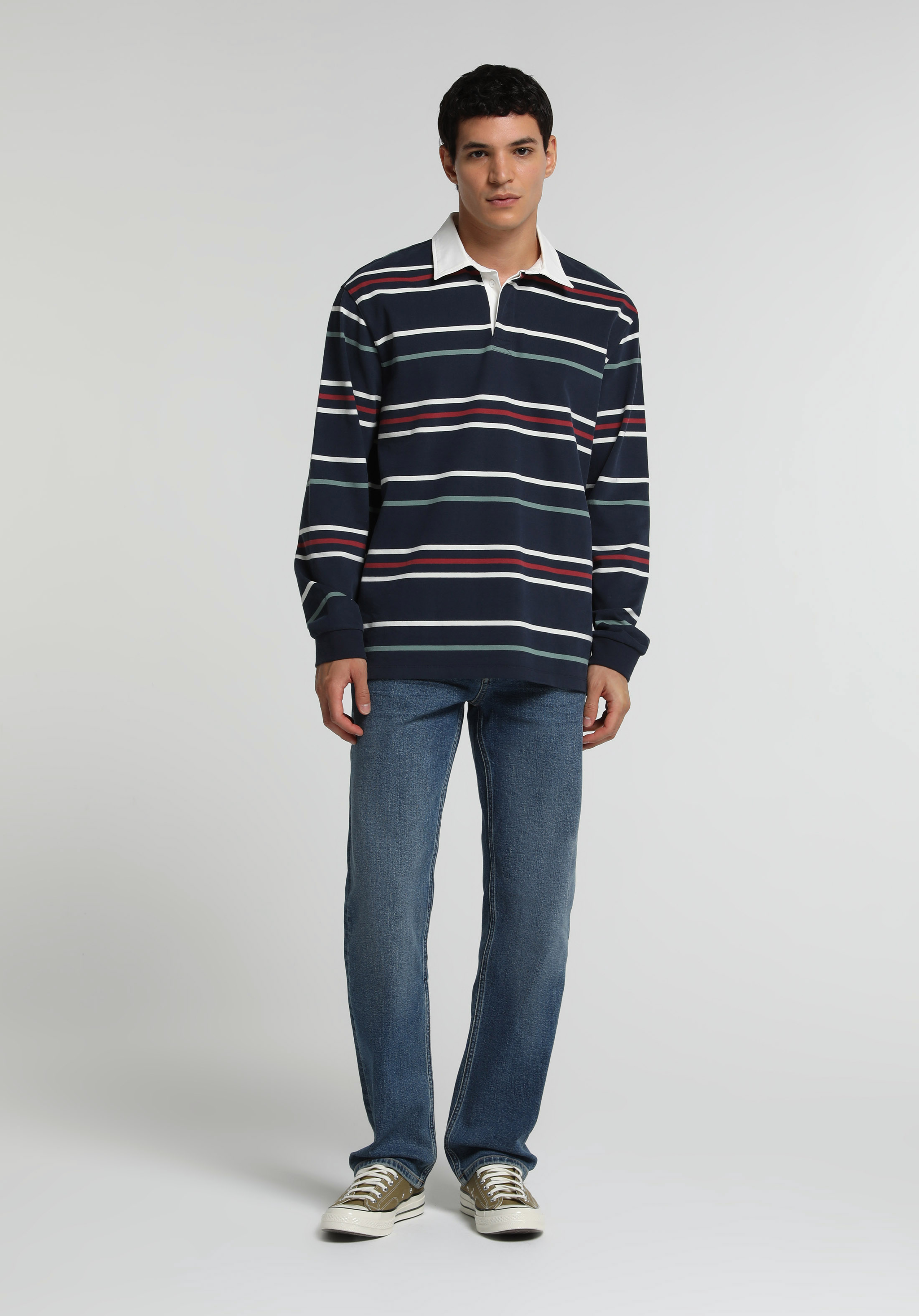 Relaxed Fit Polo Yaka Çizgili Erkek Lacivert Uzun Kol Tişört