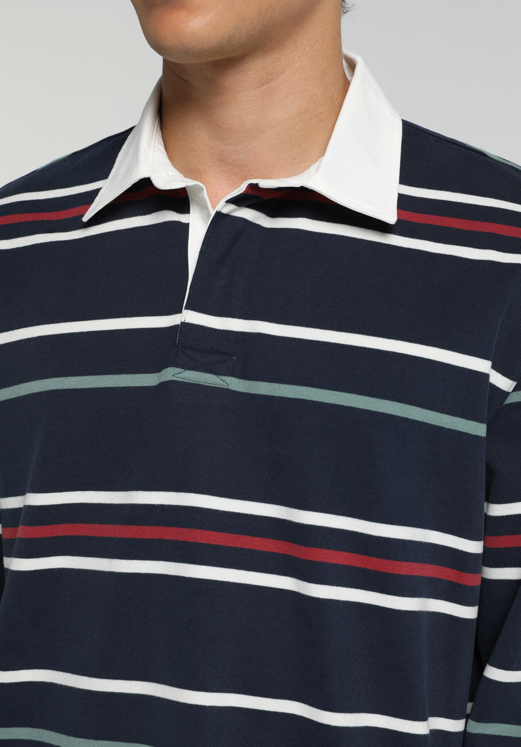Relaxed Fit Polo Yaka Çizgili Erkek Lacivert Uzun Kol Tişört