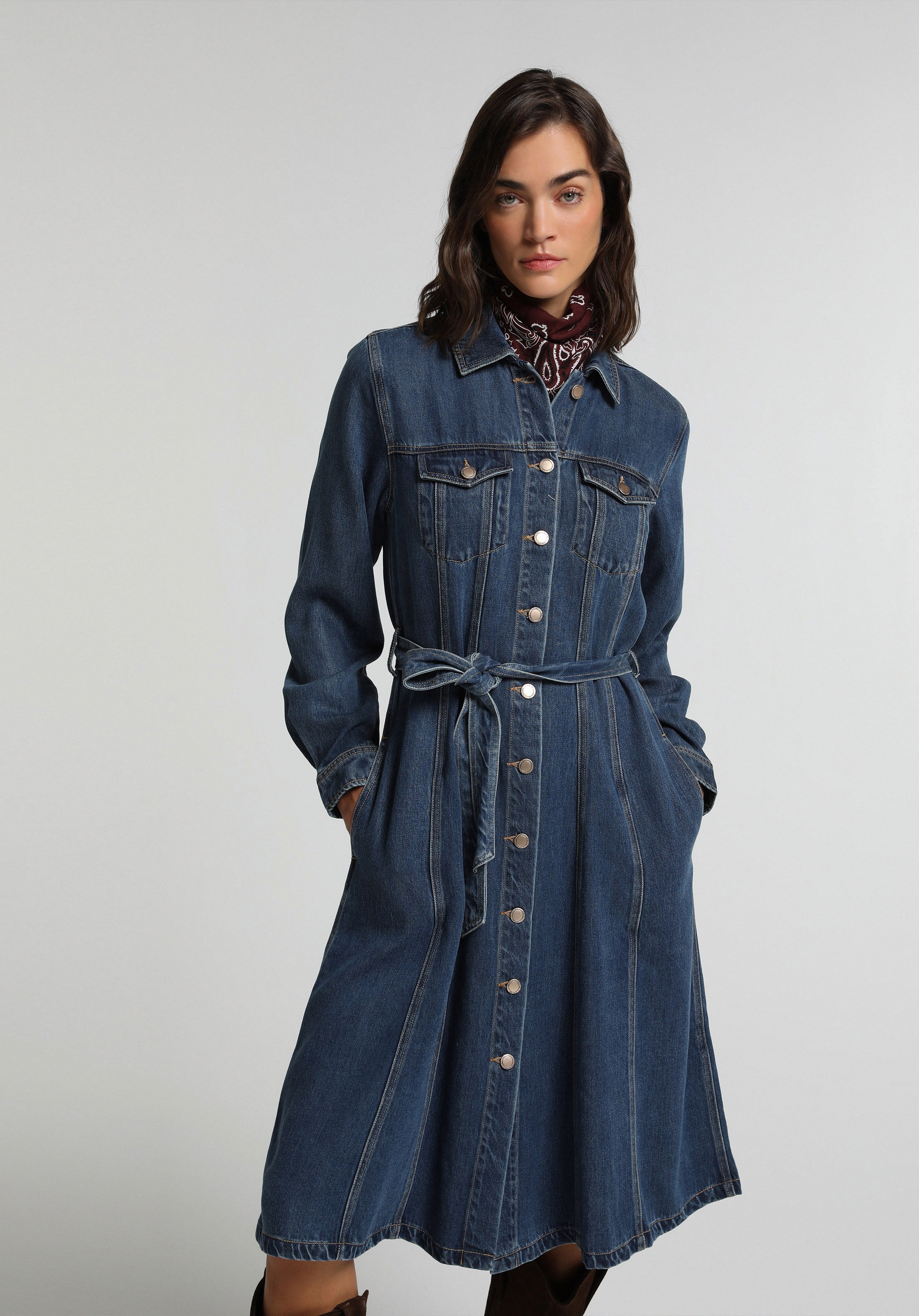 Regular Fit Düz Kadın Mid İndigo Denim Uzun Kol Elbise