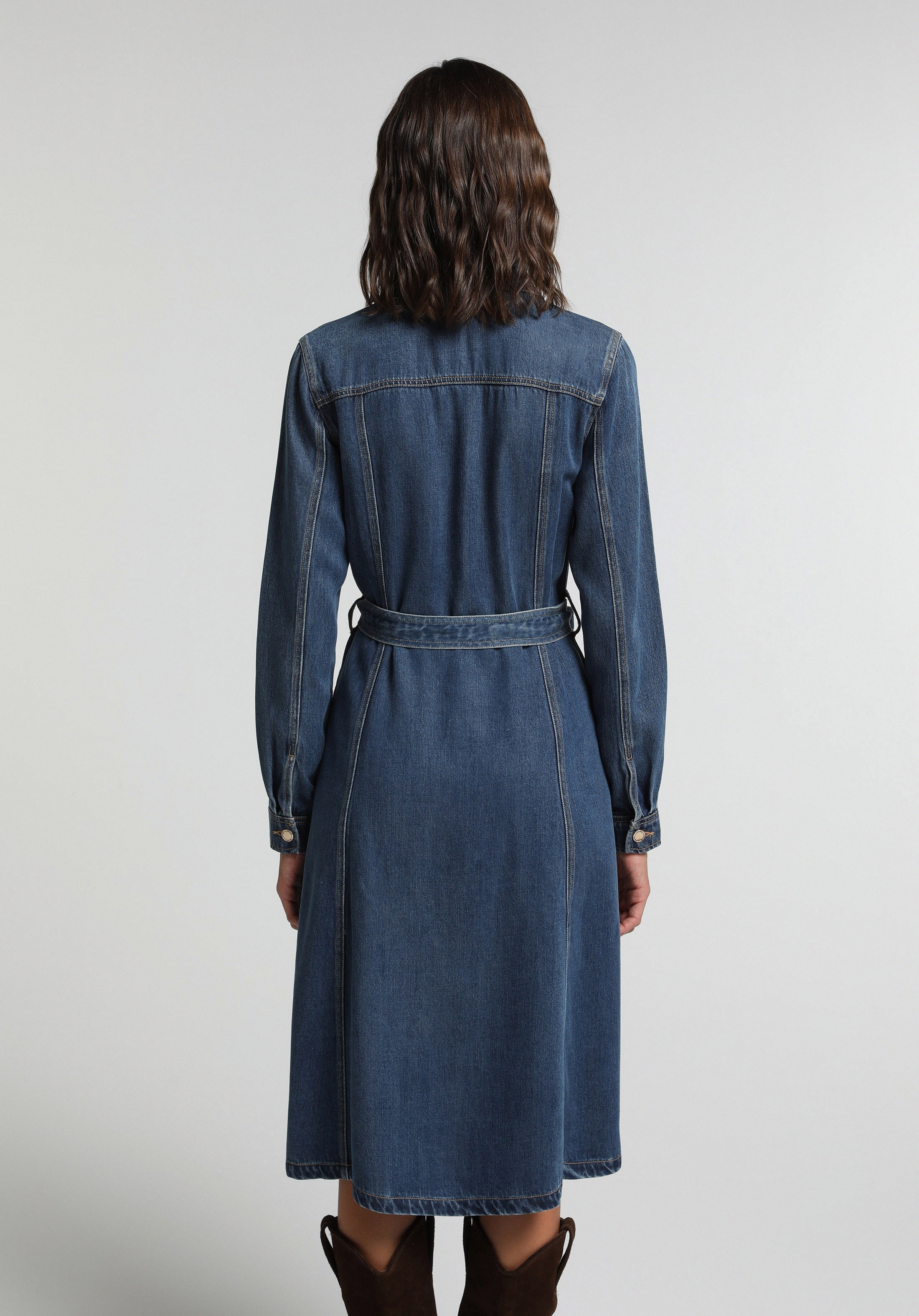 Regular Fit Düz Kadın Mid İndigo Denim Uzun Kol Elbise