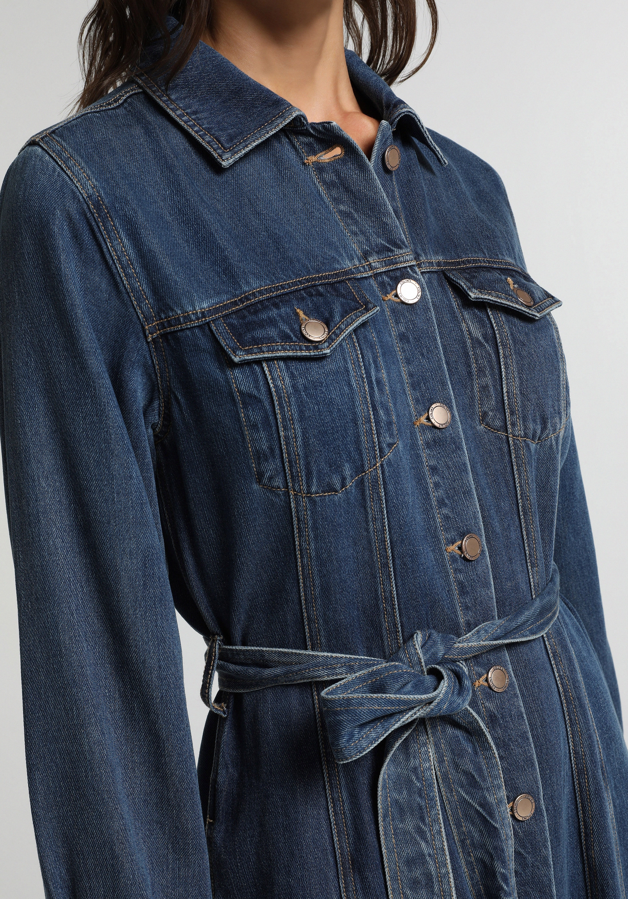 Regular Fit Düz Kadın Mid İndigo Denim Uzun Kol Elbise