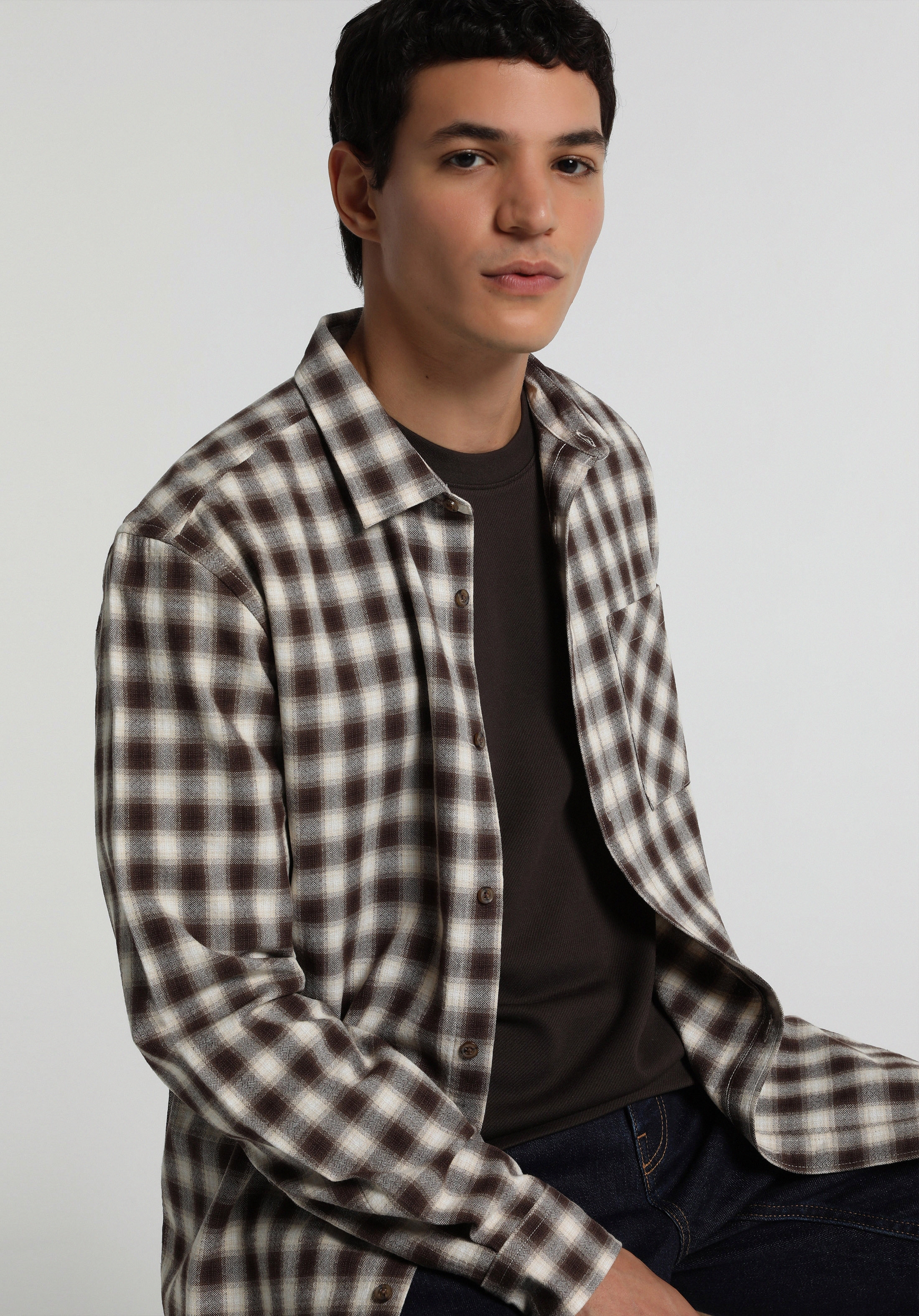 Regular Fit Shirt Neck Kareli Erkek Kahverengi Uzun Kol Gömlek