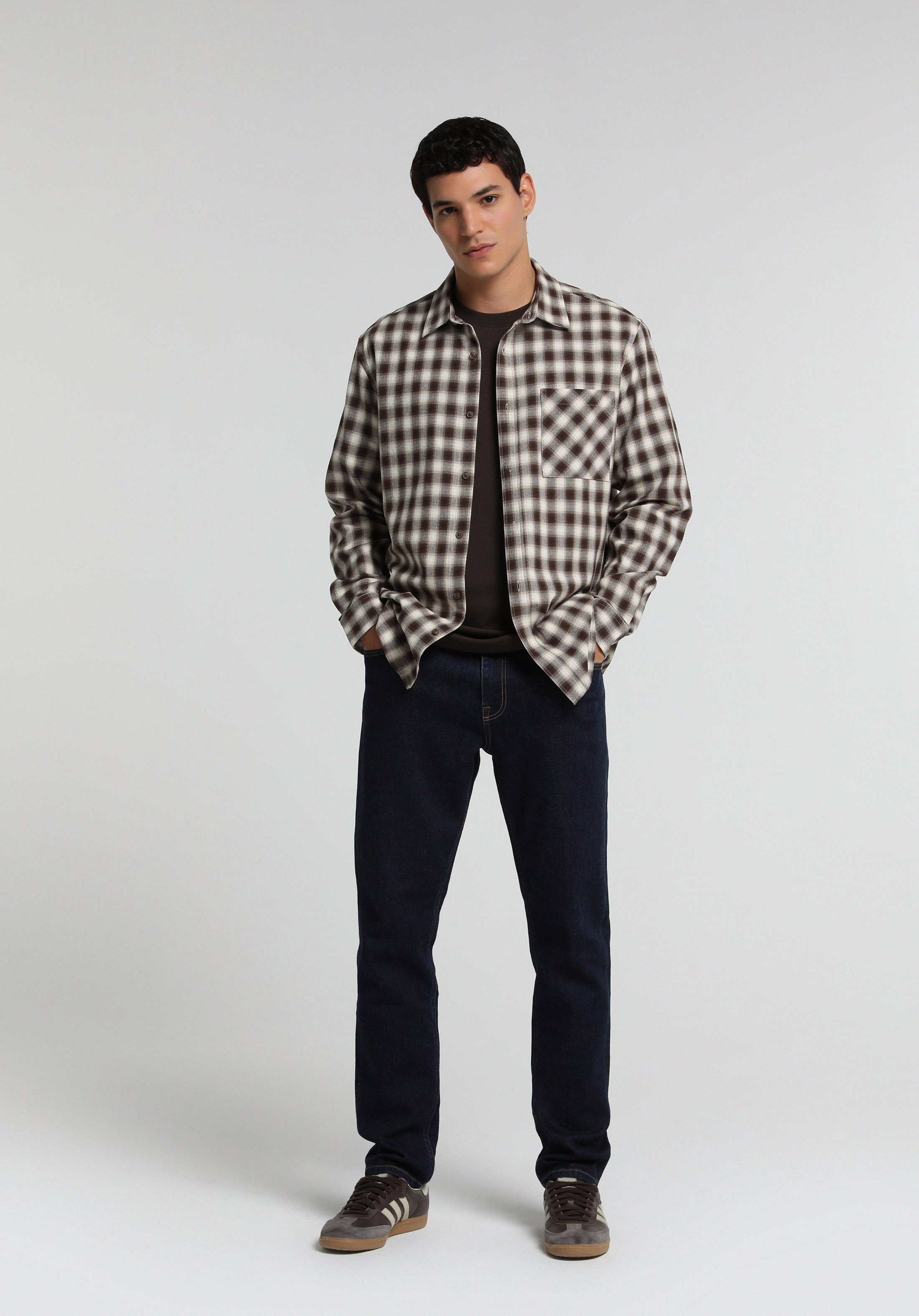 Regular Fit Shirt Neck Kareli Erkek Kahverengi Uzun Kol Gömlek