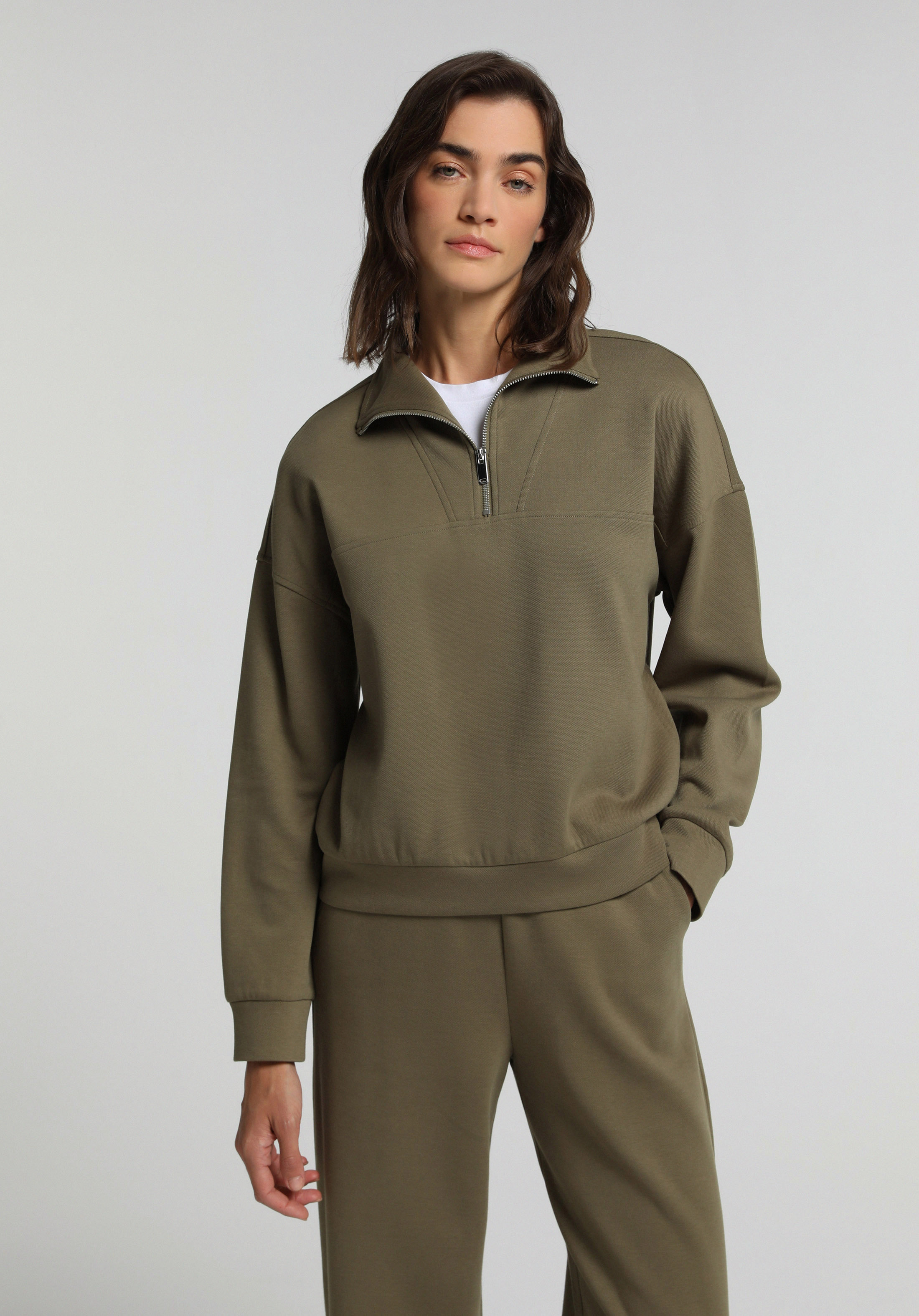 Regular Fit Fermuarlı Düz Kadın Yeşil Sweatshirt