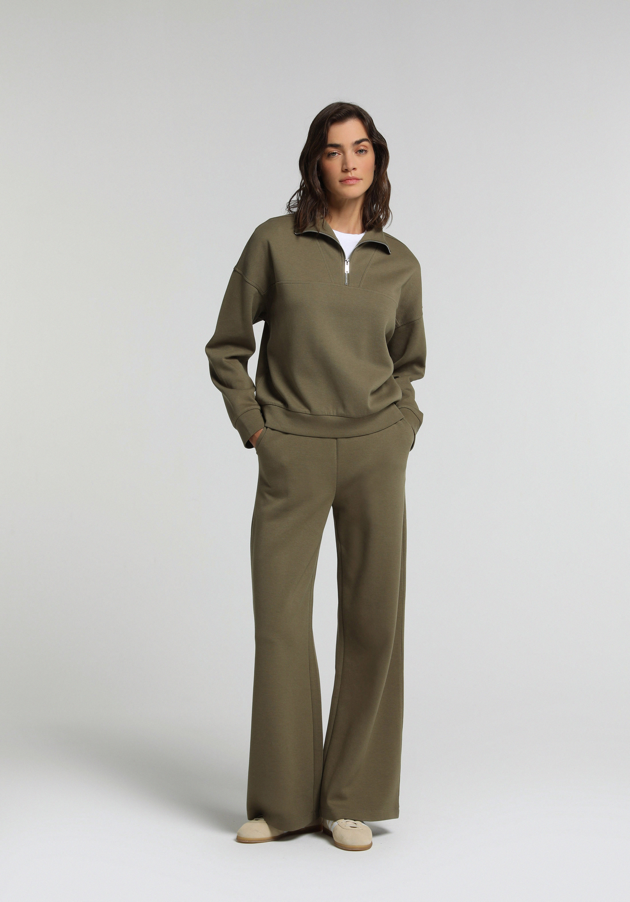 Regular Fit Fermuarlı Düz Kadın Yeşil Sweatshirt