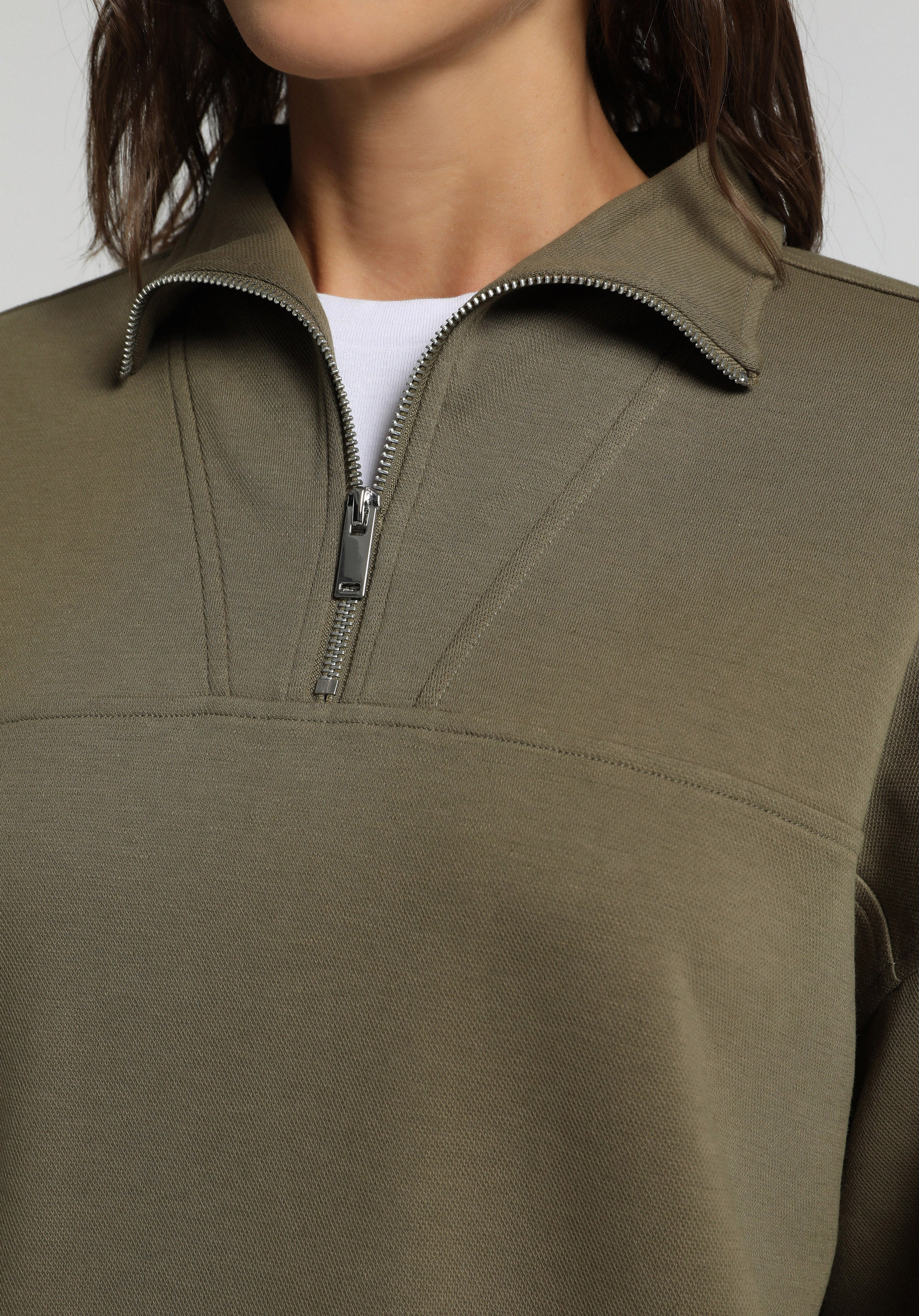 Regular Fit Fermuarlı Düz Kadın Yeşil Sweatshirt