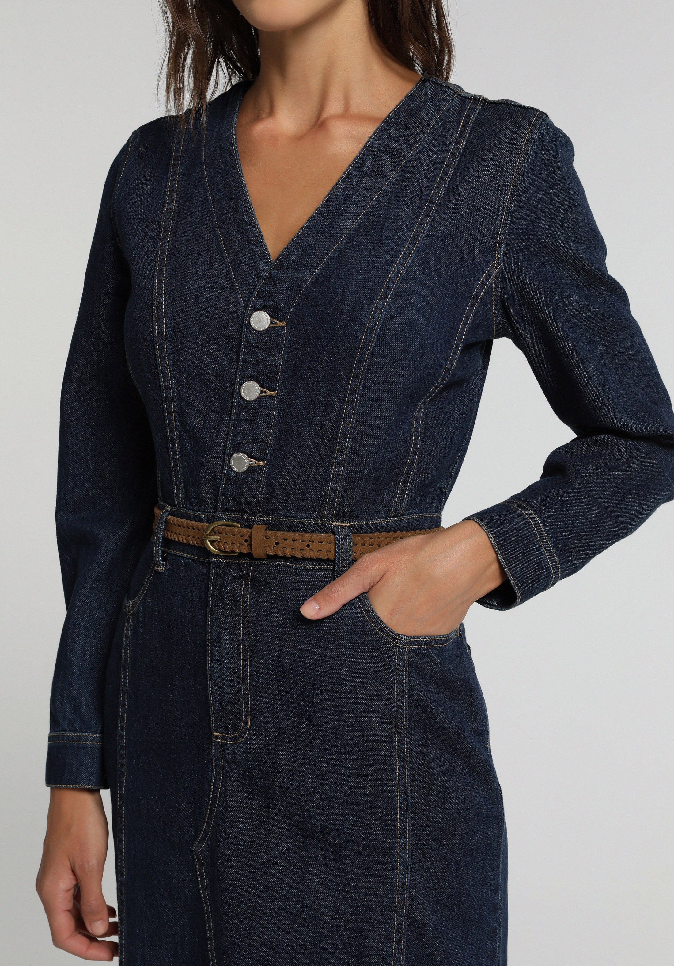 Slim Fit Düz Kadın Dark İndigo Denim Uzun Kol Elbise
