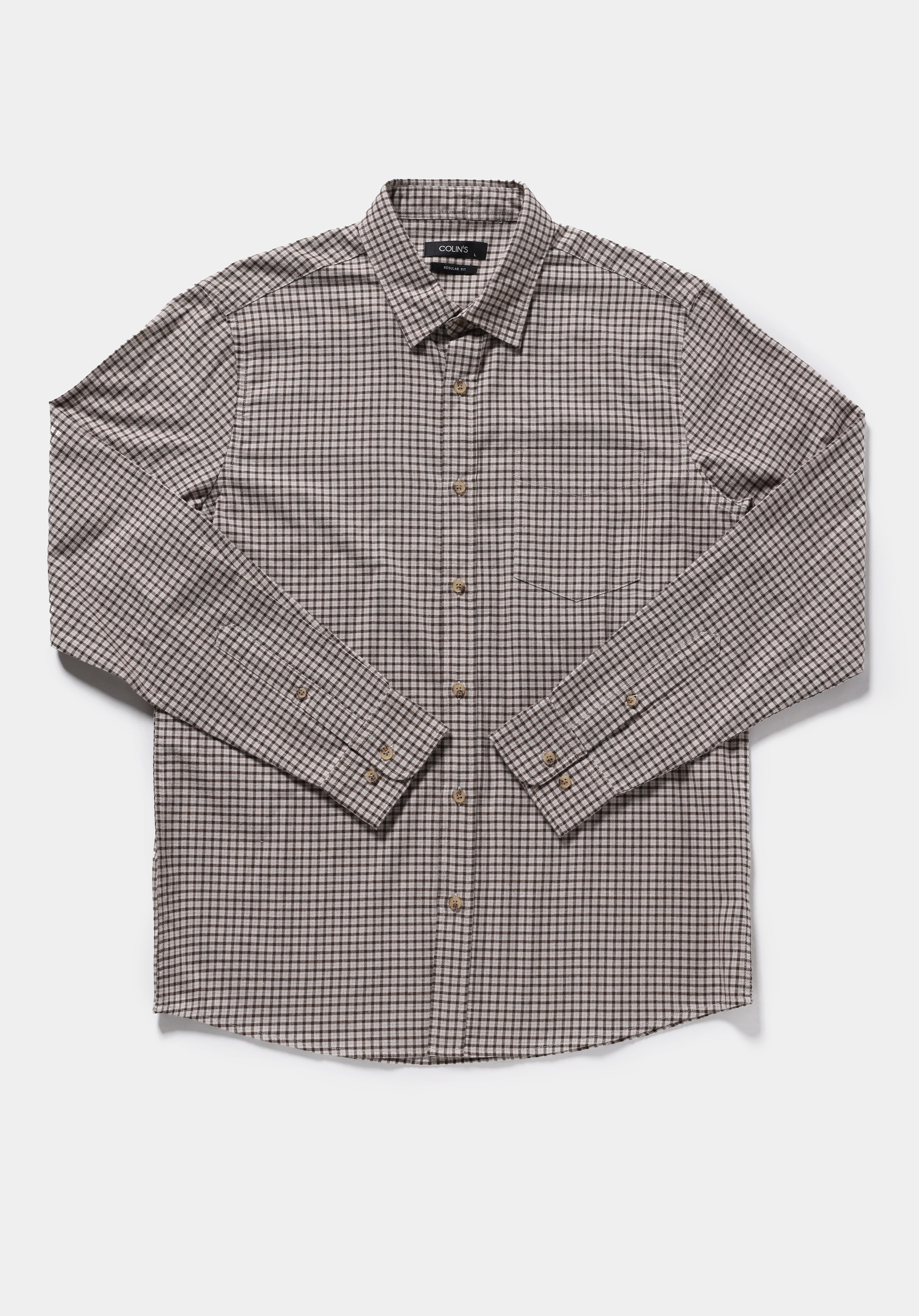 Regular Fit Shirt Neck Kareli Erkek Kahverengi Uzun Kol Gömlek
