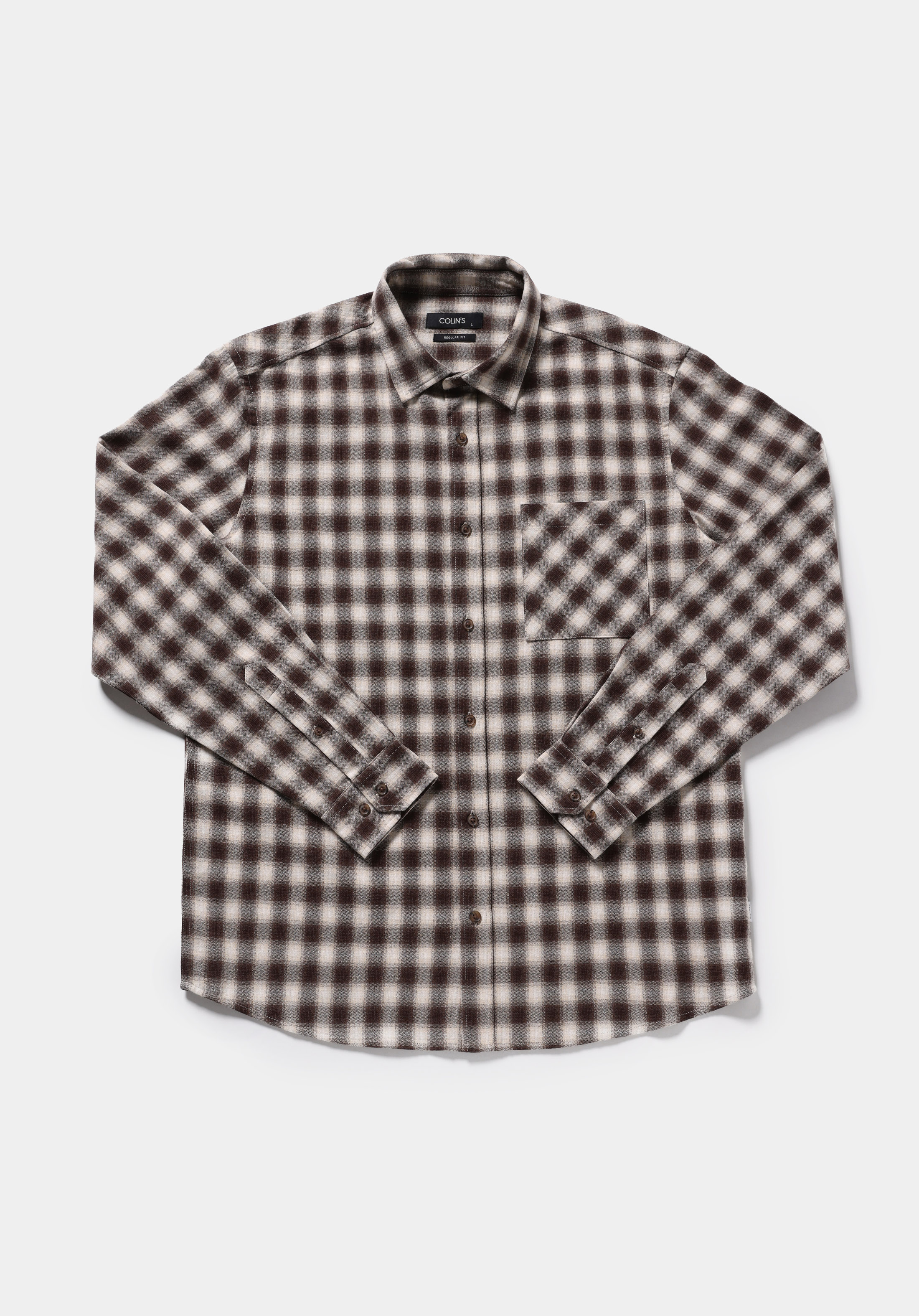Regular Fit Shirt Neck Kareli Erkek Kahverengi Uzun Kol Gömlek