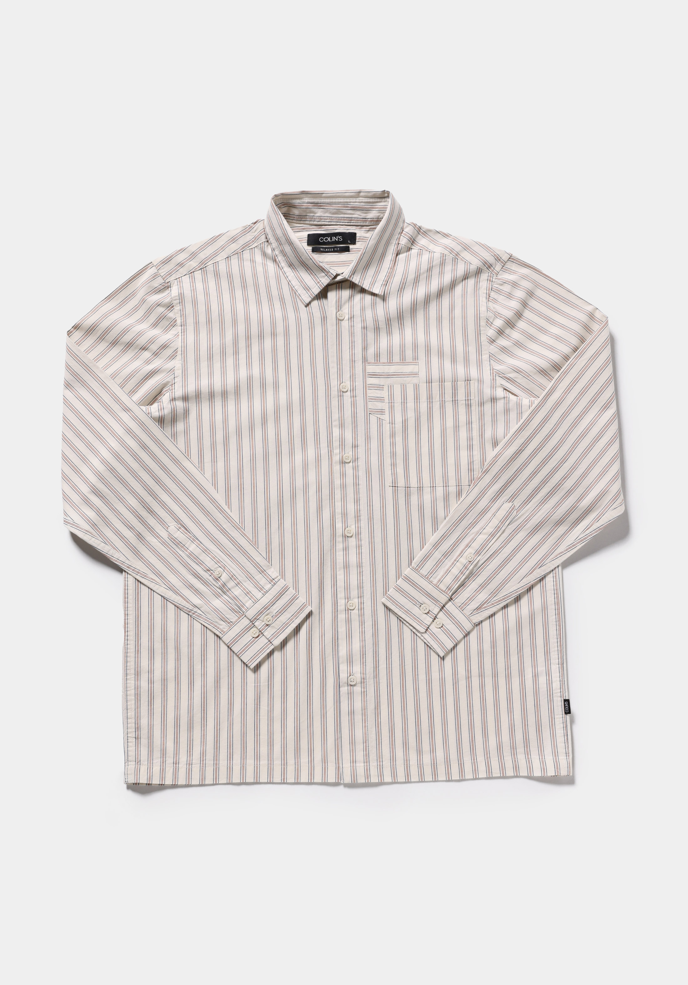 Relaxed Fit Shirt Neck Çizgili Erkek Ekru Uzun Kol Gömlek