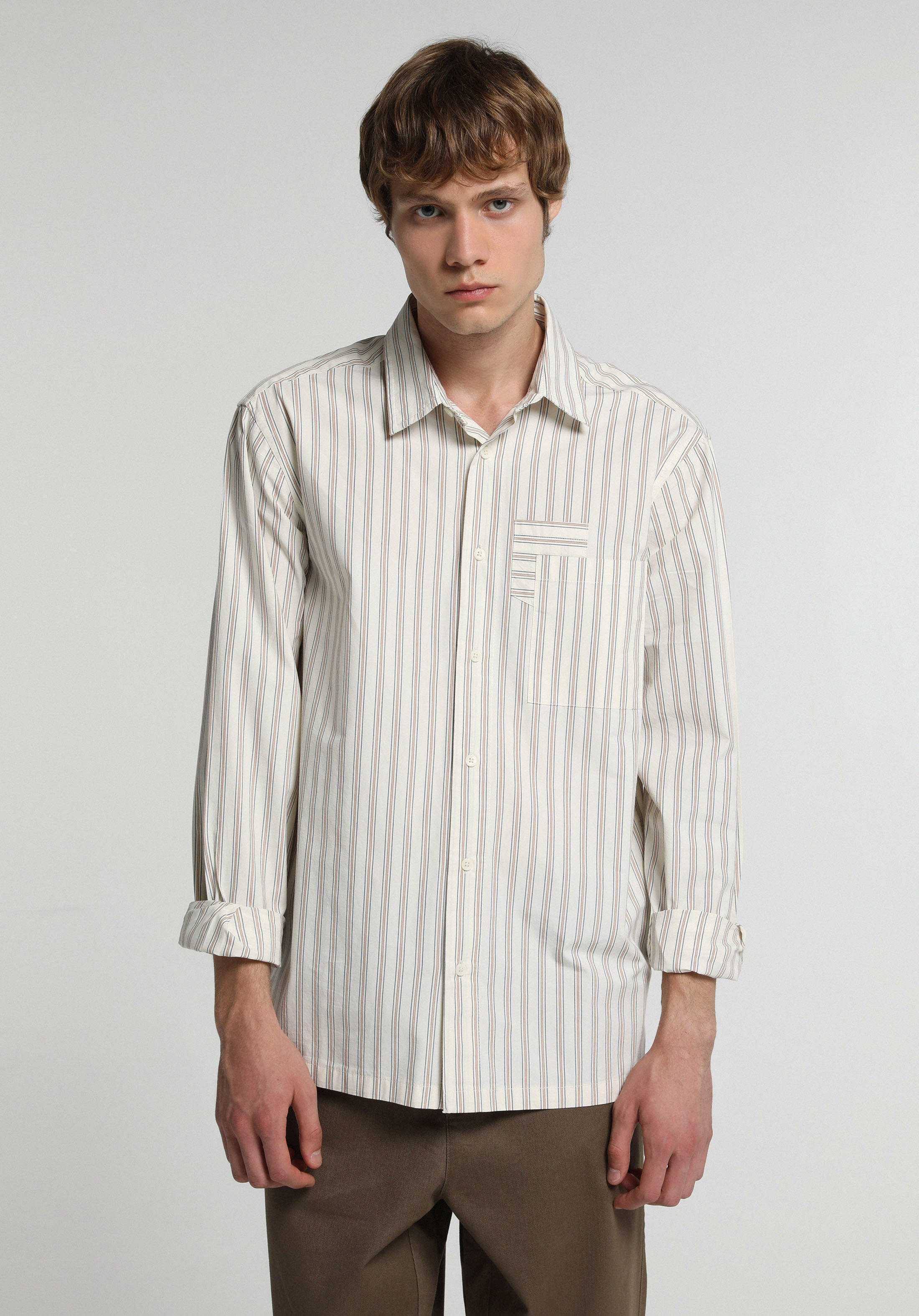 Relaxed Fit Shirt Neck Çizgili Erkek Ekru Uzun Kol Gömlek