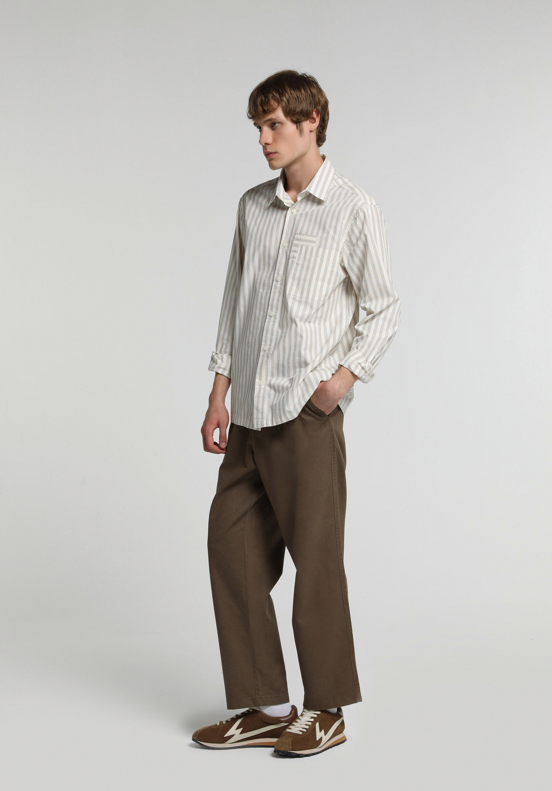 Relaxed Fit Shirt Neck Çizgili Erkek Ekru Uzun Kol Gömlek