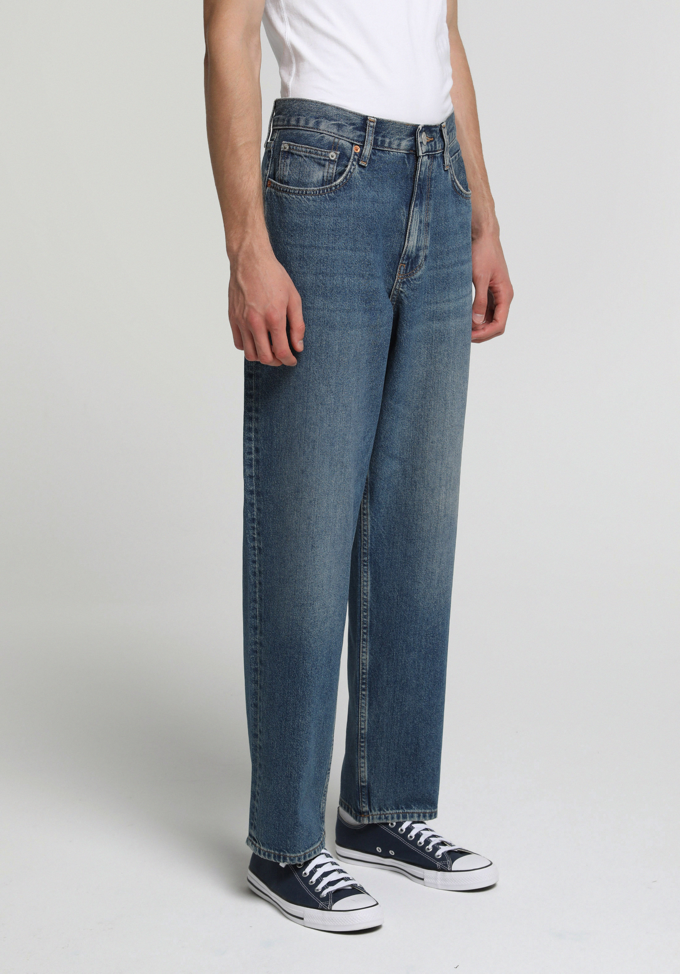 Baggy Fit   Erkek Mid İndigo Denim Jean Pantolon