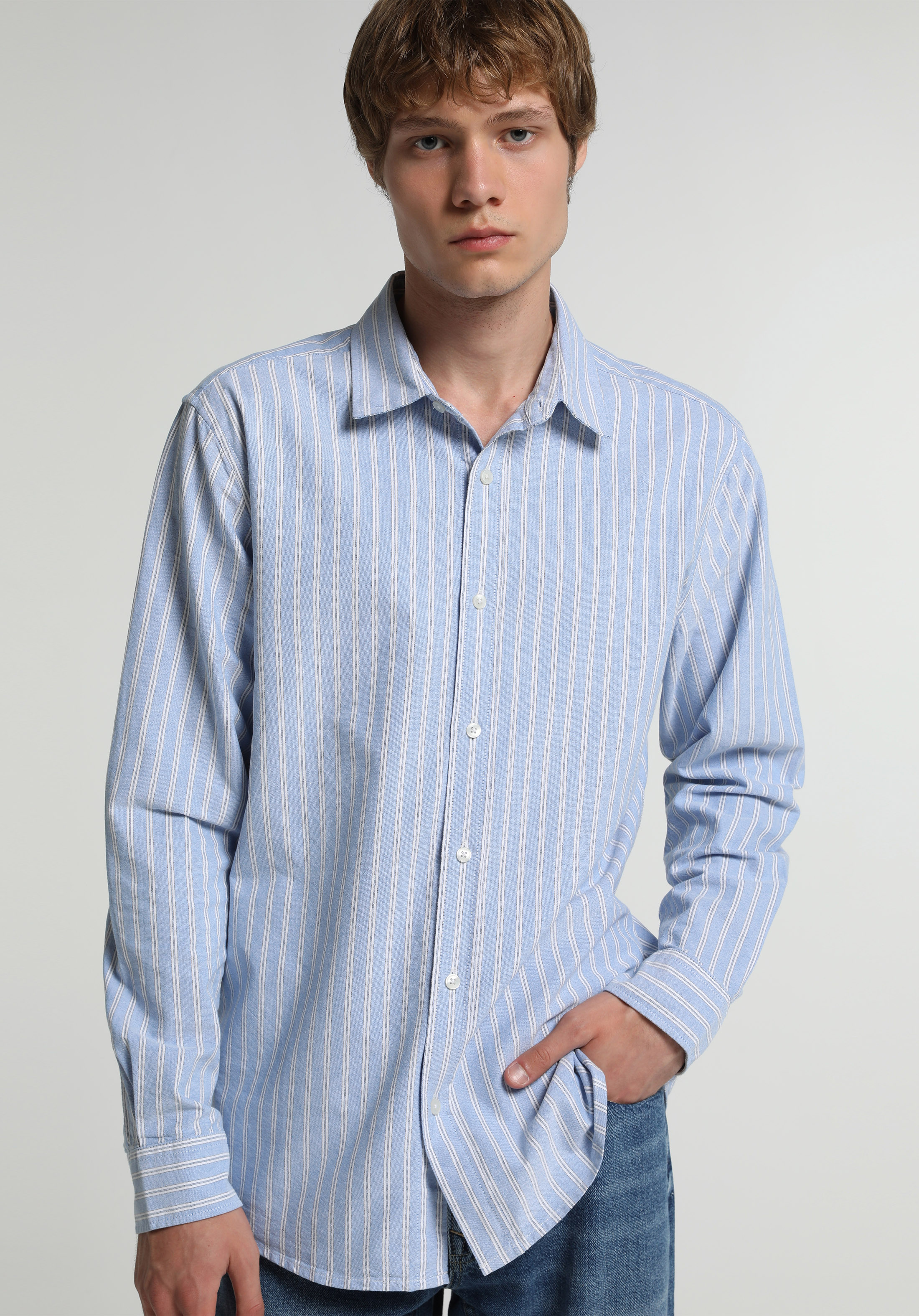 Regular Fit Shirt Neck Çizgili Erkek Mavi Uzun Kol Gömlek