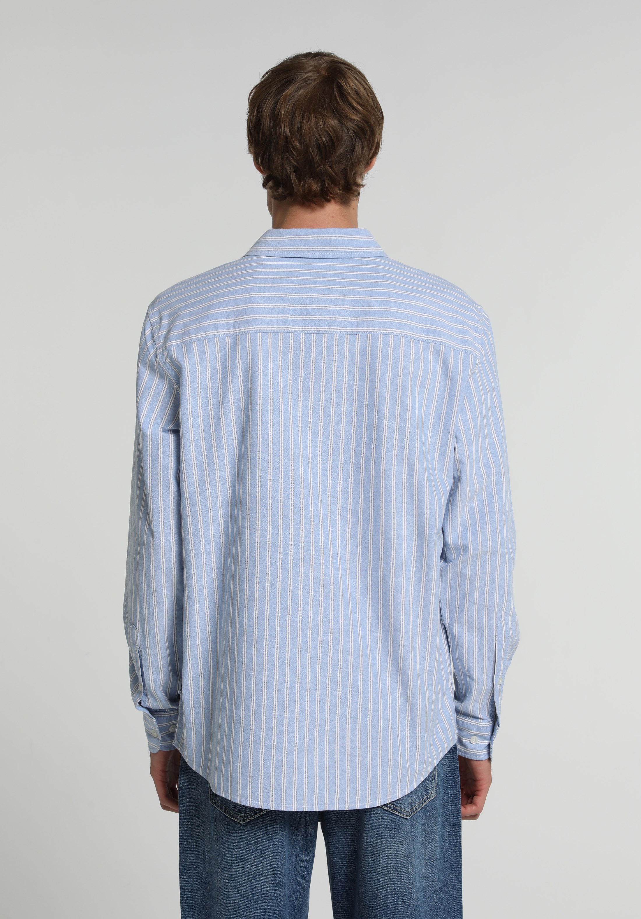 Regular Fit Shirt Neck Çizgili Erkek Mavi Uzun Kol Gömlek