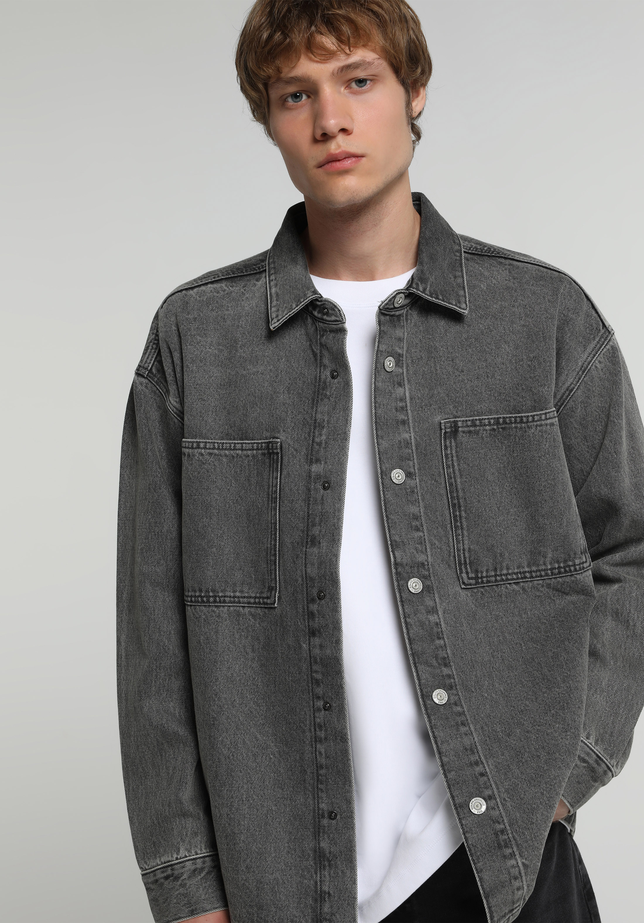 Oversize Fit   Erkek Grey Denim Shacket