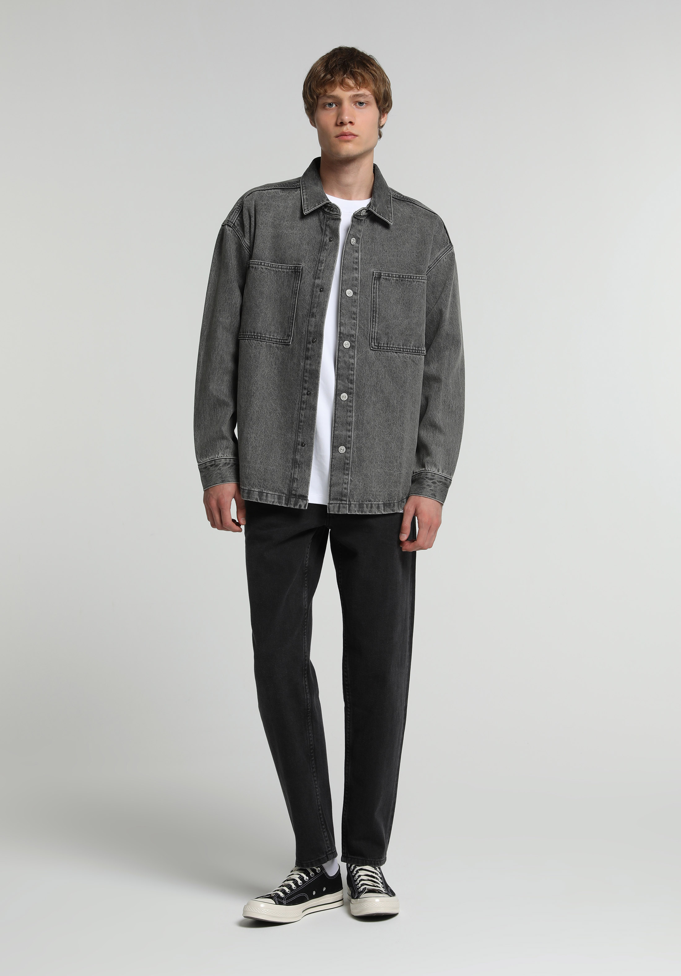 Oversize Fit   Erkek Grey Denim Shacket