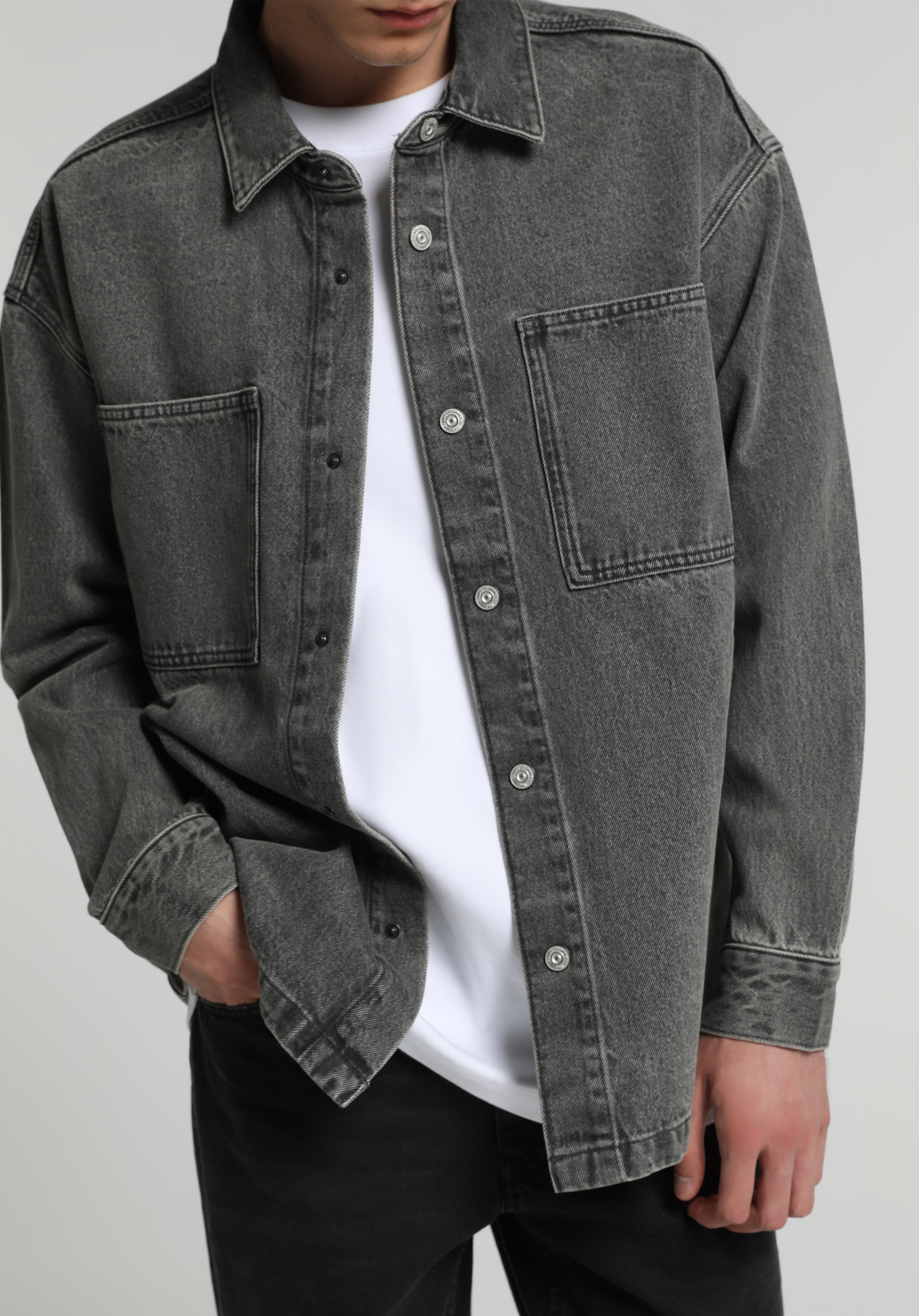 Oversize Fit   Erkek Grey Denim Shacket