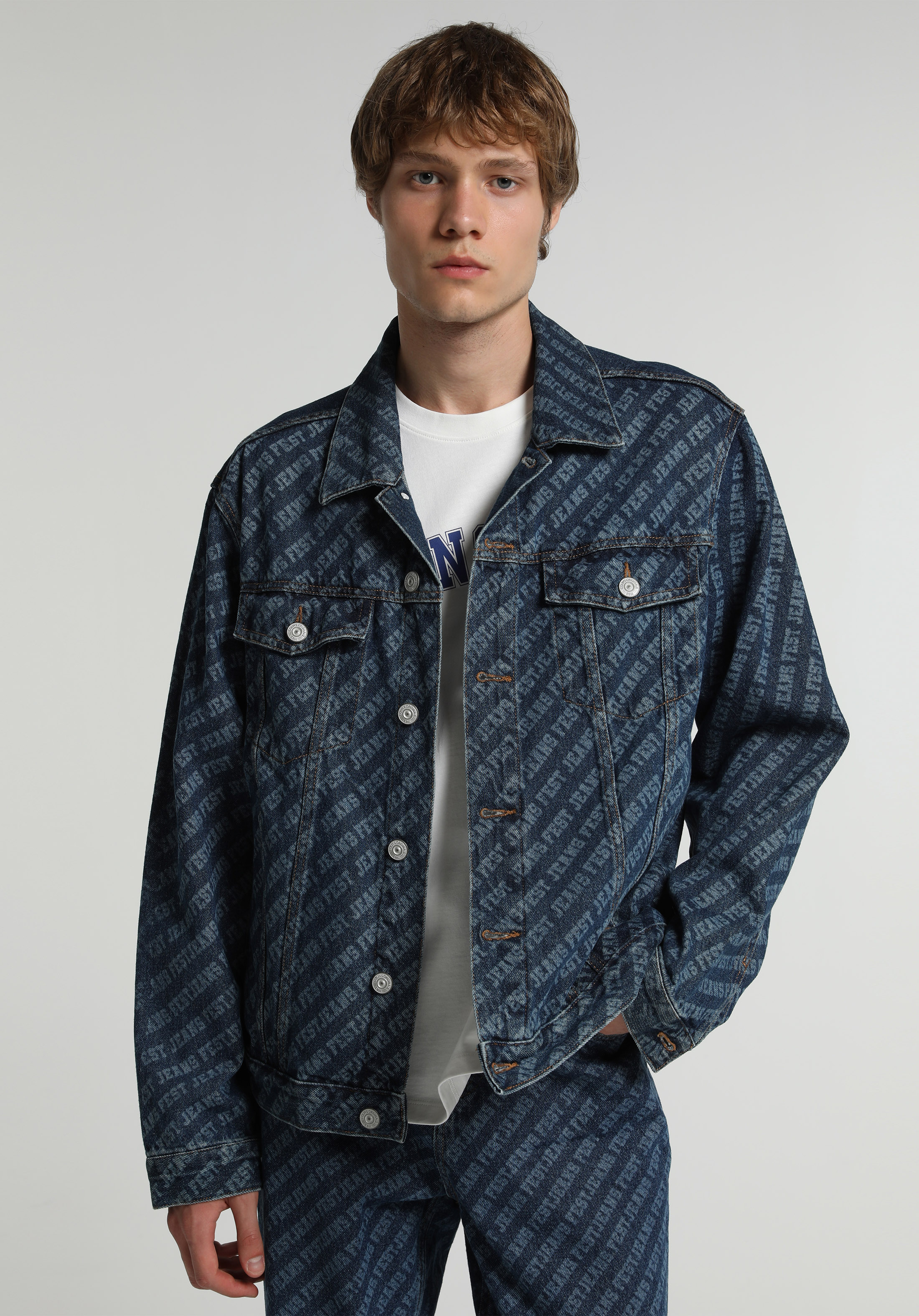 Oversize Fit Düğmeli Astarsız  Erkek Mid İndigo Denim Ceket