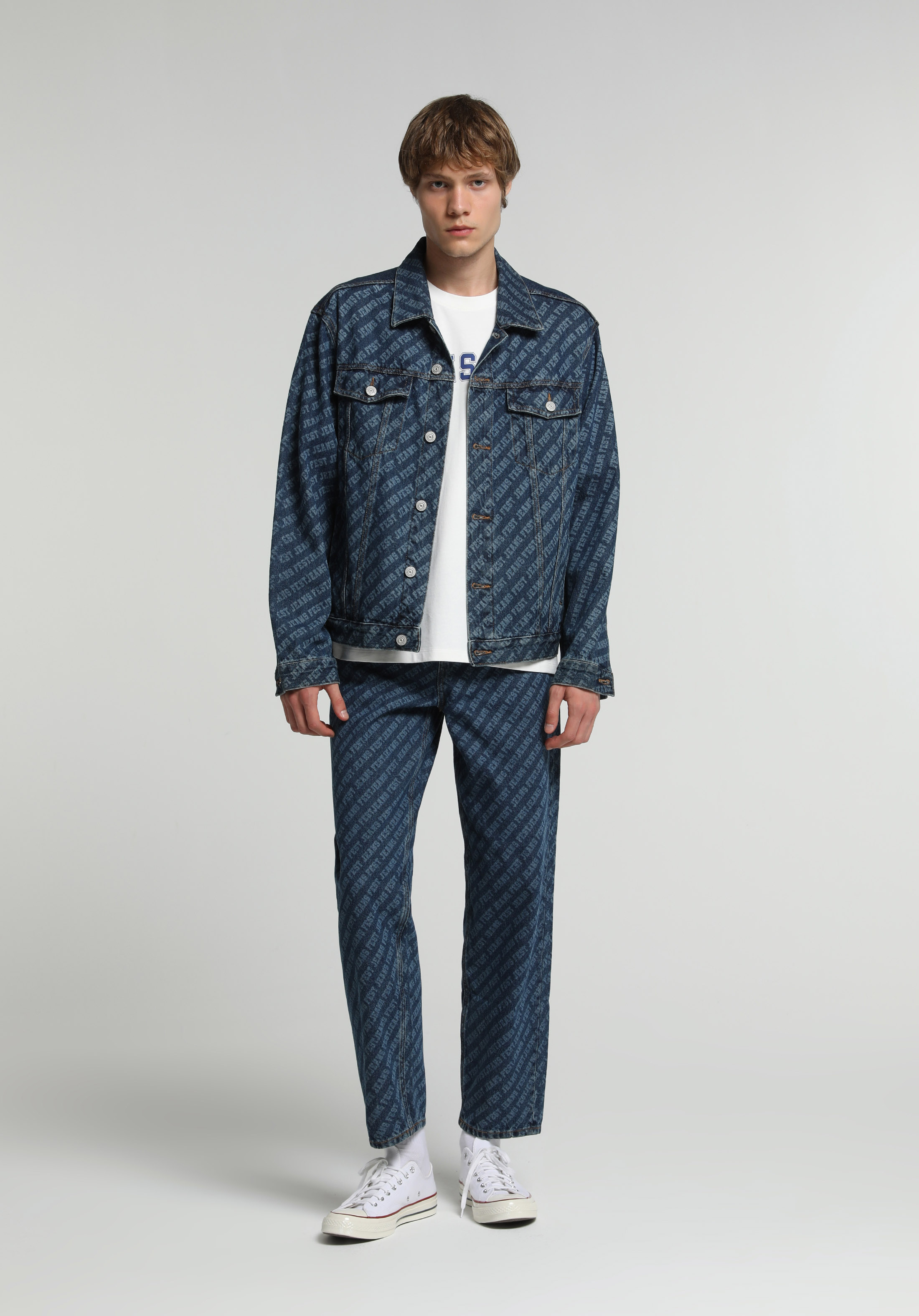 Oversize Fit Düğmeli Astarsız  Erkek Mid İndigo Denim Ceket