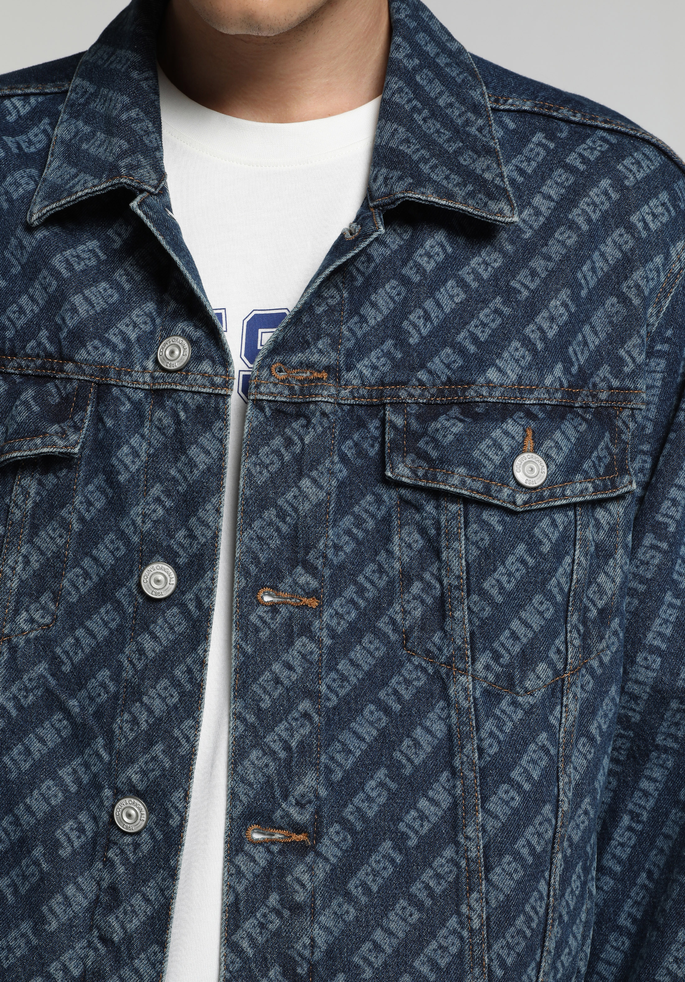 Oversize Fit Düğmeli Astarsız  Erkek Mid İndigo Denim Ceket