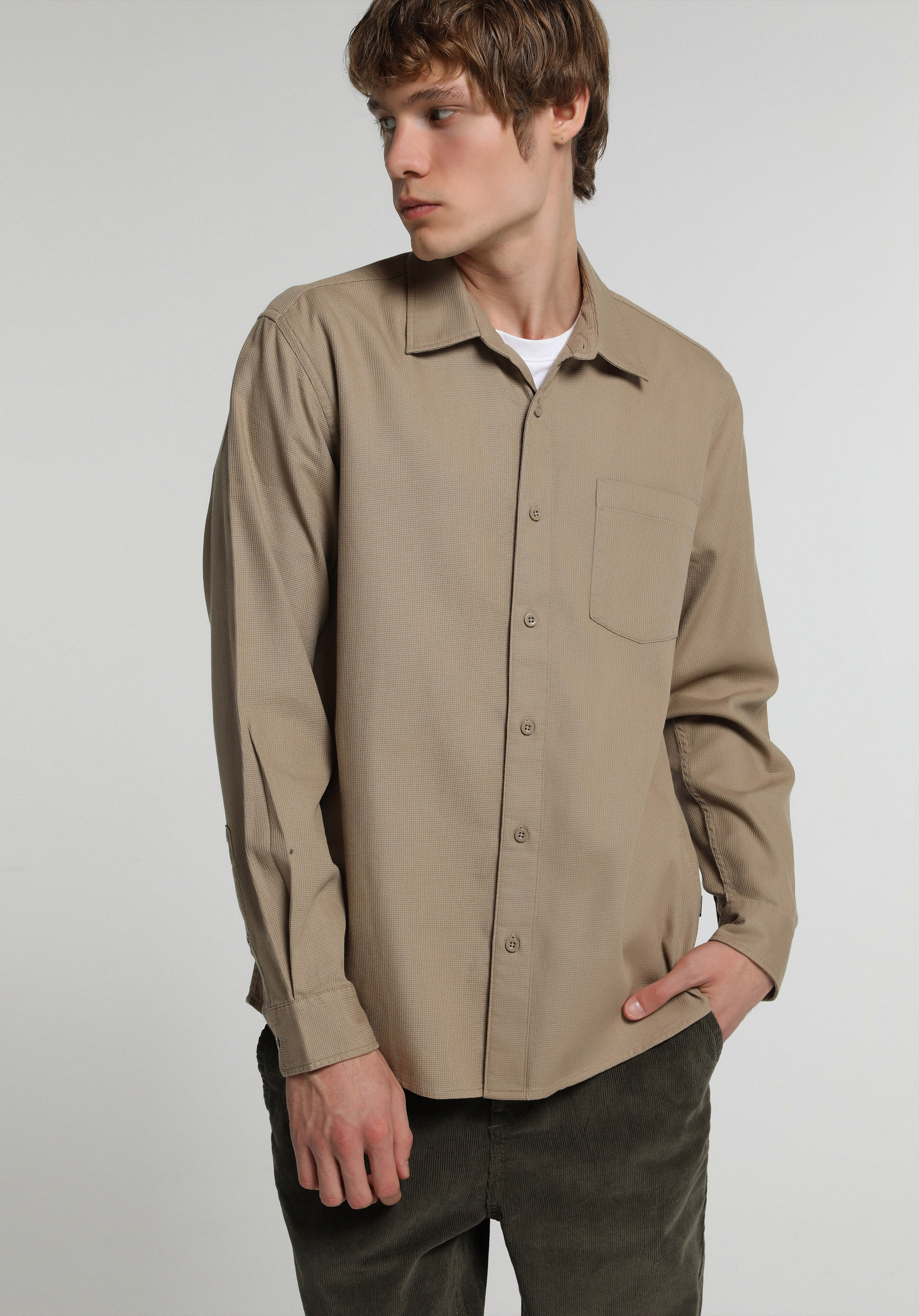 Regular Fit Shirt Neck Düz Erkek Kahverengi Uzun Kol Gömlek