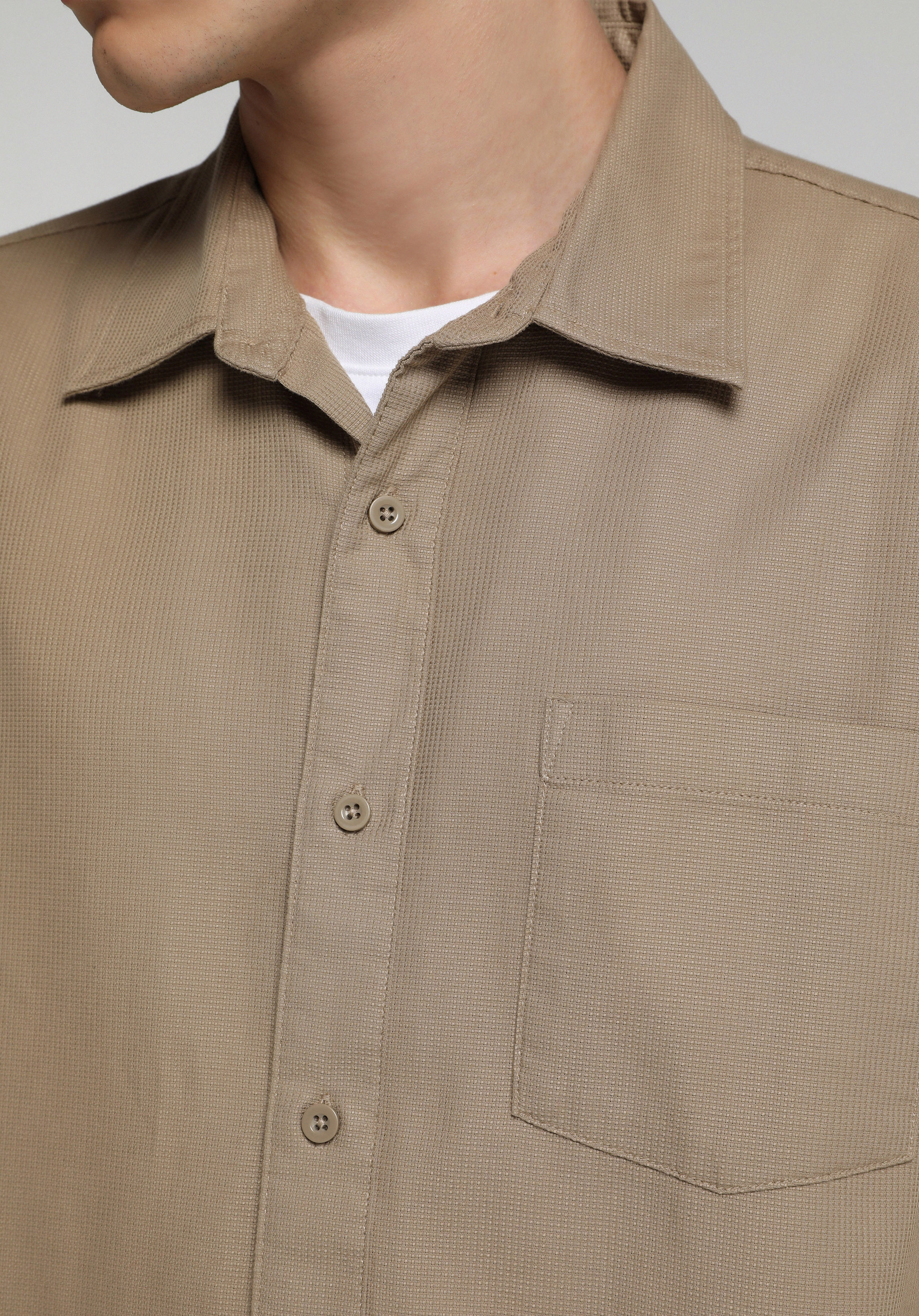 Regular Fit Shirt Neck Düz Erkek Kahverengi Uzun Kol Gömlek