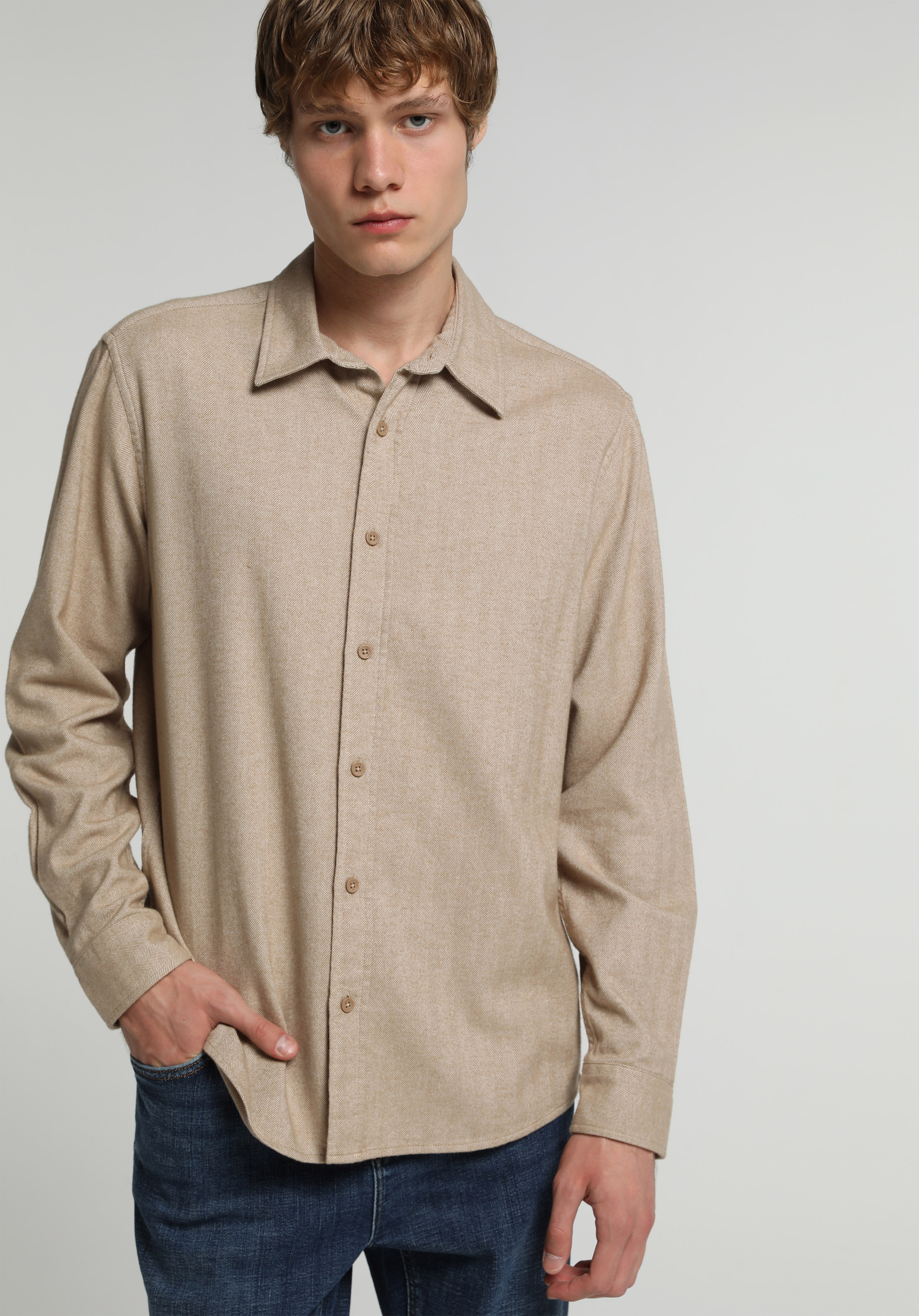 Regular Fit Shirt Neck Düz Erkek Bej Uzun Kol Gömlek